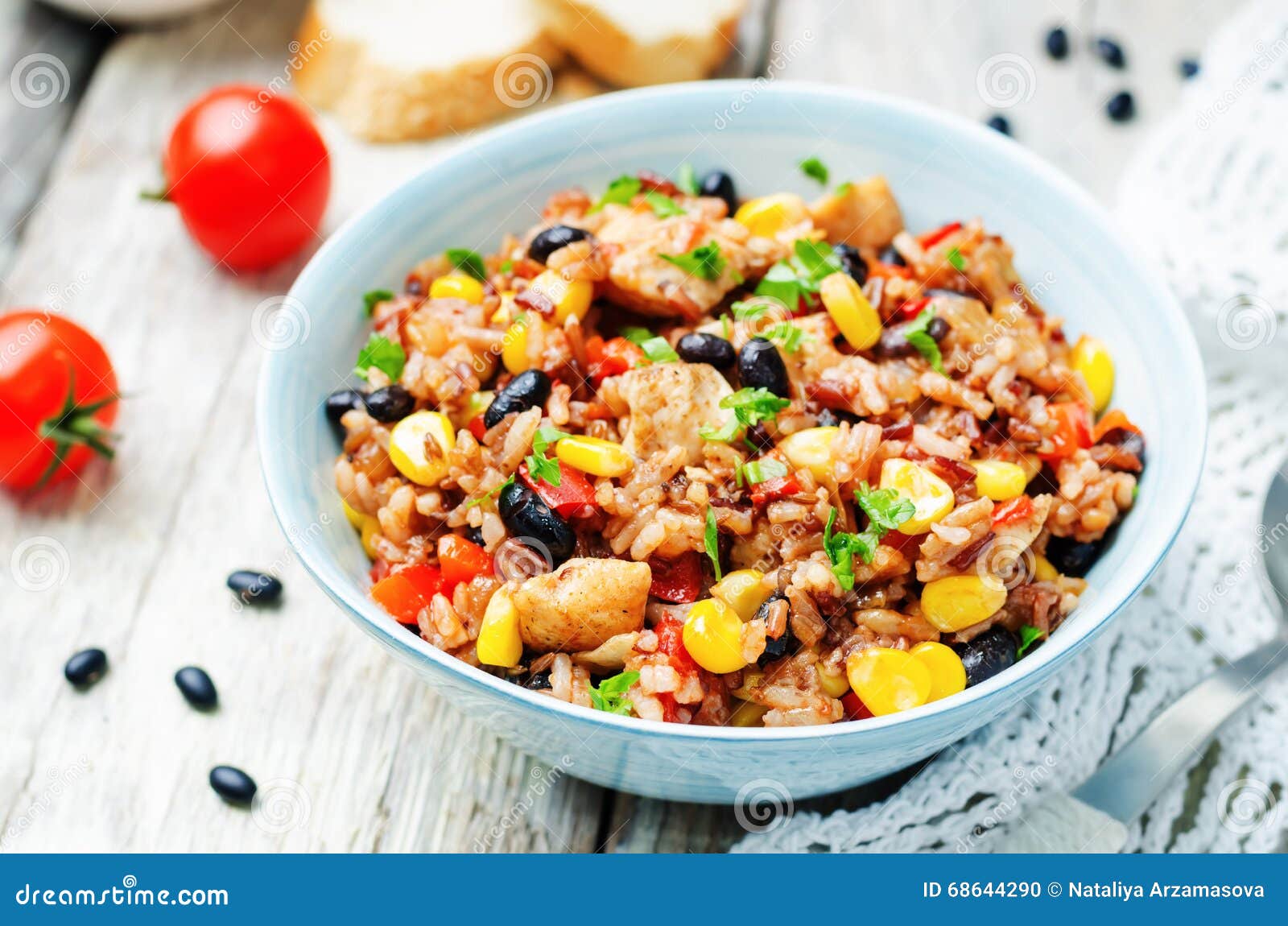 Black Beans, Corn and Tomato Red and White Rice with Chicken Stock