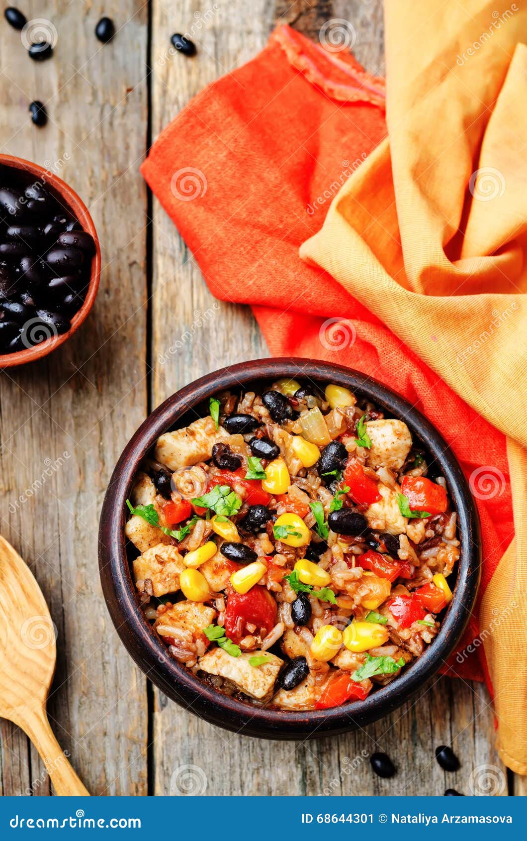 Black Beans, Corn and Tomato Red and White Rice with Chicken Stock