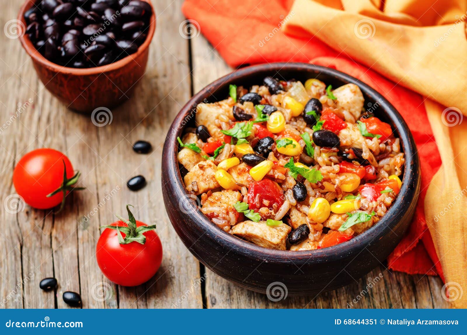 Black Beans, Corn and Tomato Red and White Rice with Chicken Stock