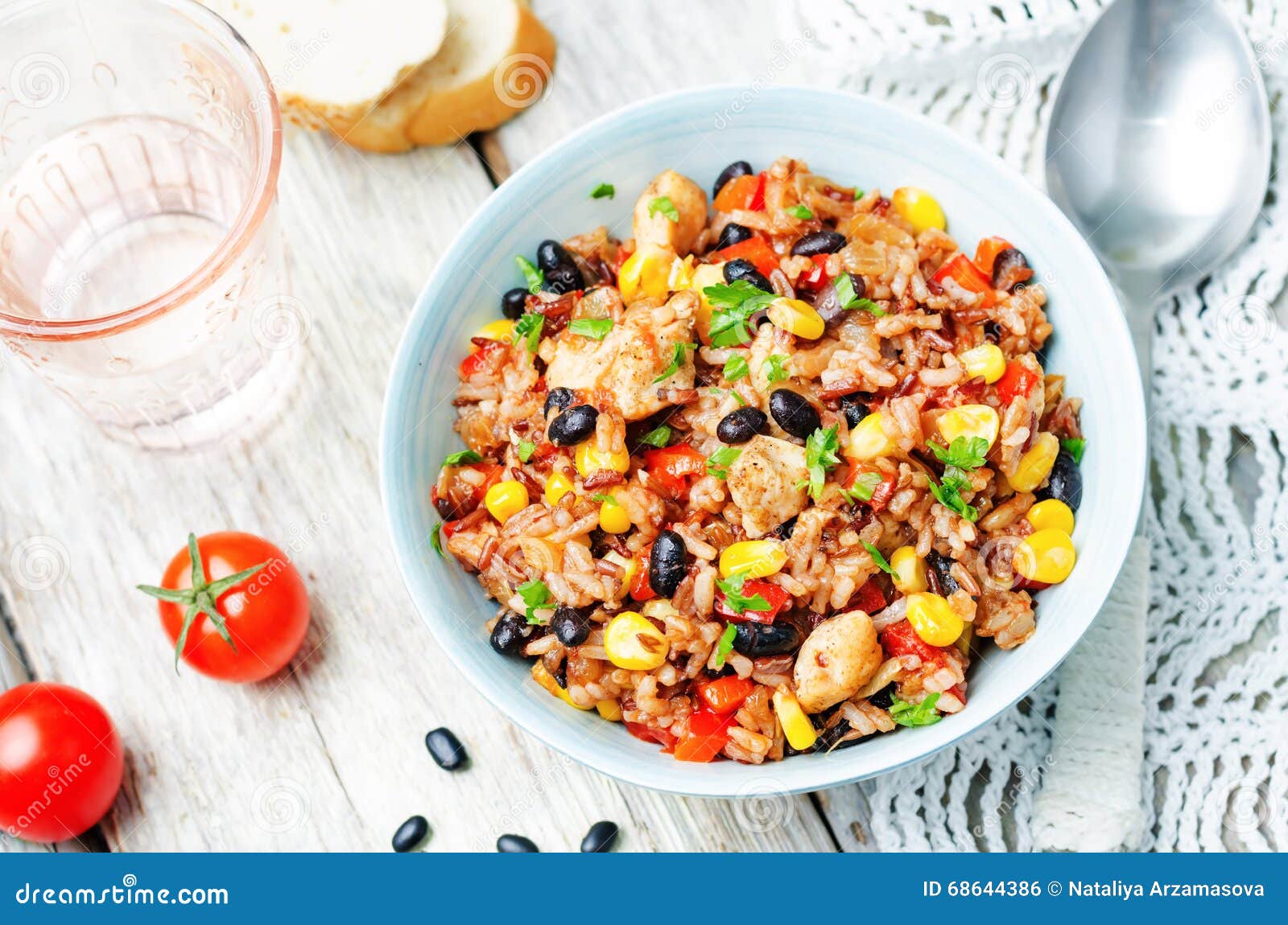 Black Beans, Corn and Tomato Red and White Rice with Chicken Stock