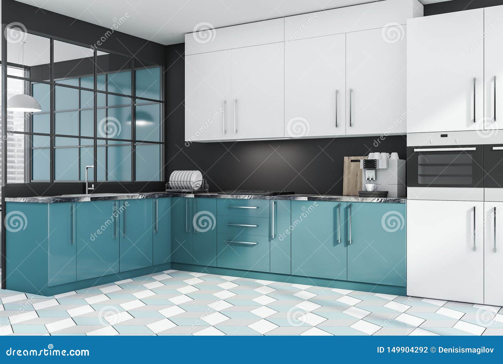 Black And Blue Kitchen Corner With Countertops Stock Illustration