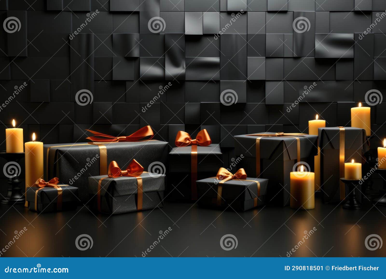 Black Boxes with Orange Bows and Candles. Black Friday Background