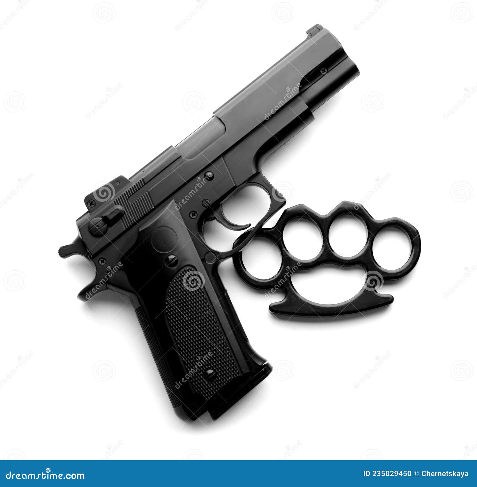 Black Brass Knuckles and Gun on White Background, Top View Stock Photo -  Image of brawl, black: 235029450