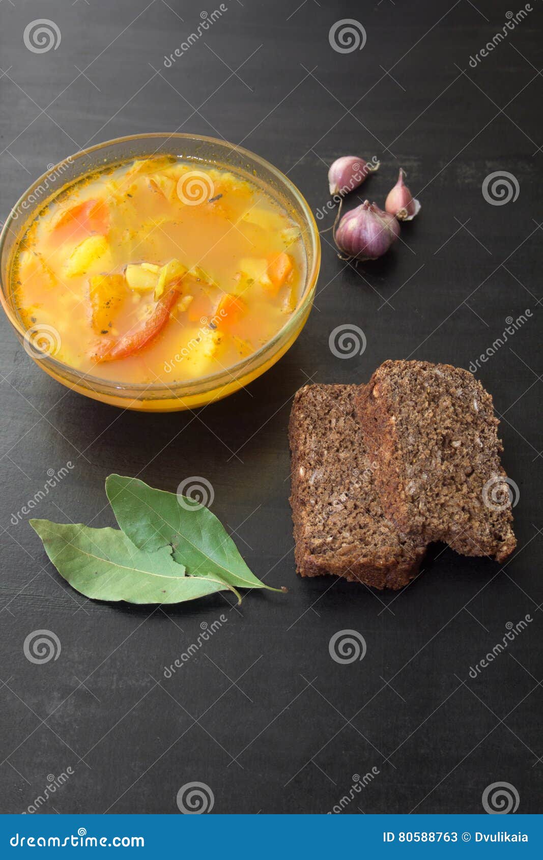 Black Bread Bay Leaf Garlic Pumpkin Soup Stock Photos Free & Royalty