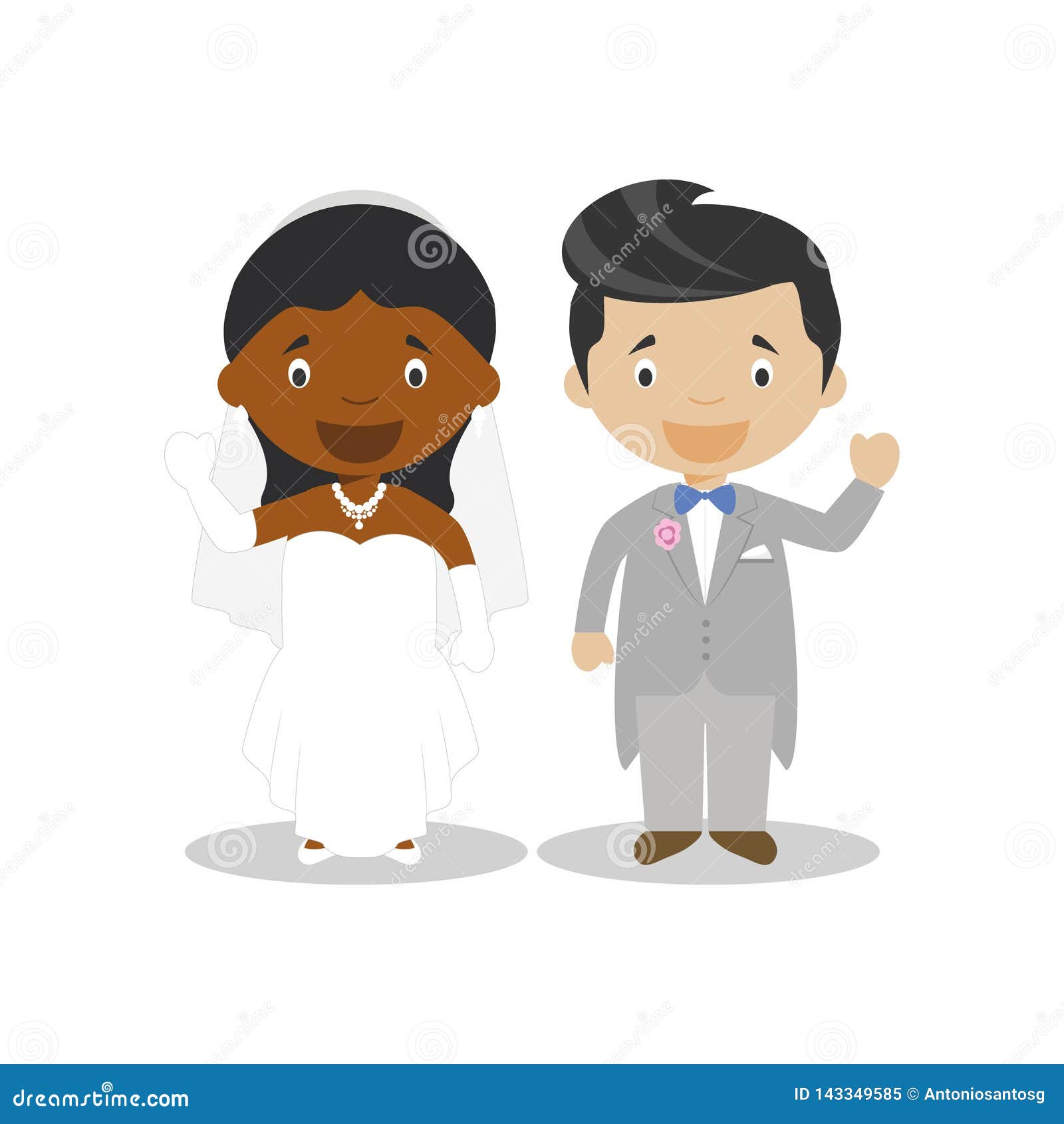 black bride and mestizo bridegroom interracial newlywed couple in cartoon style  