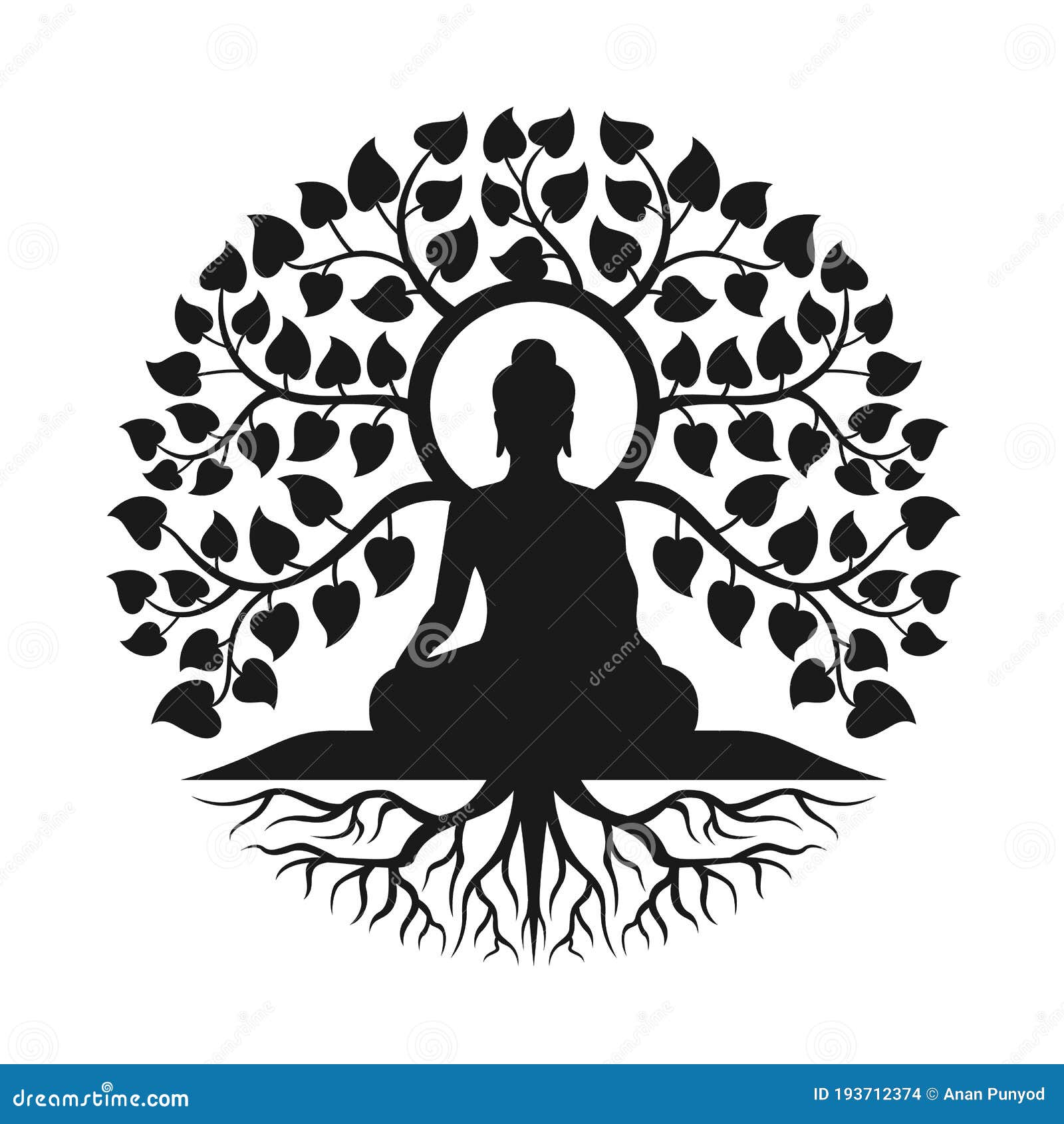 black buddha meditation under bodhi tree with leaf and root abstract circle style  