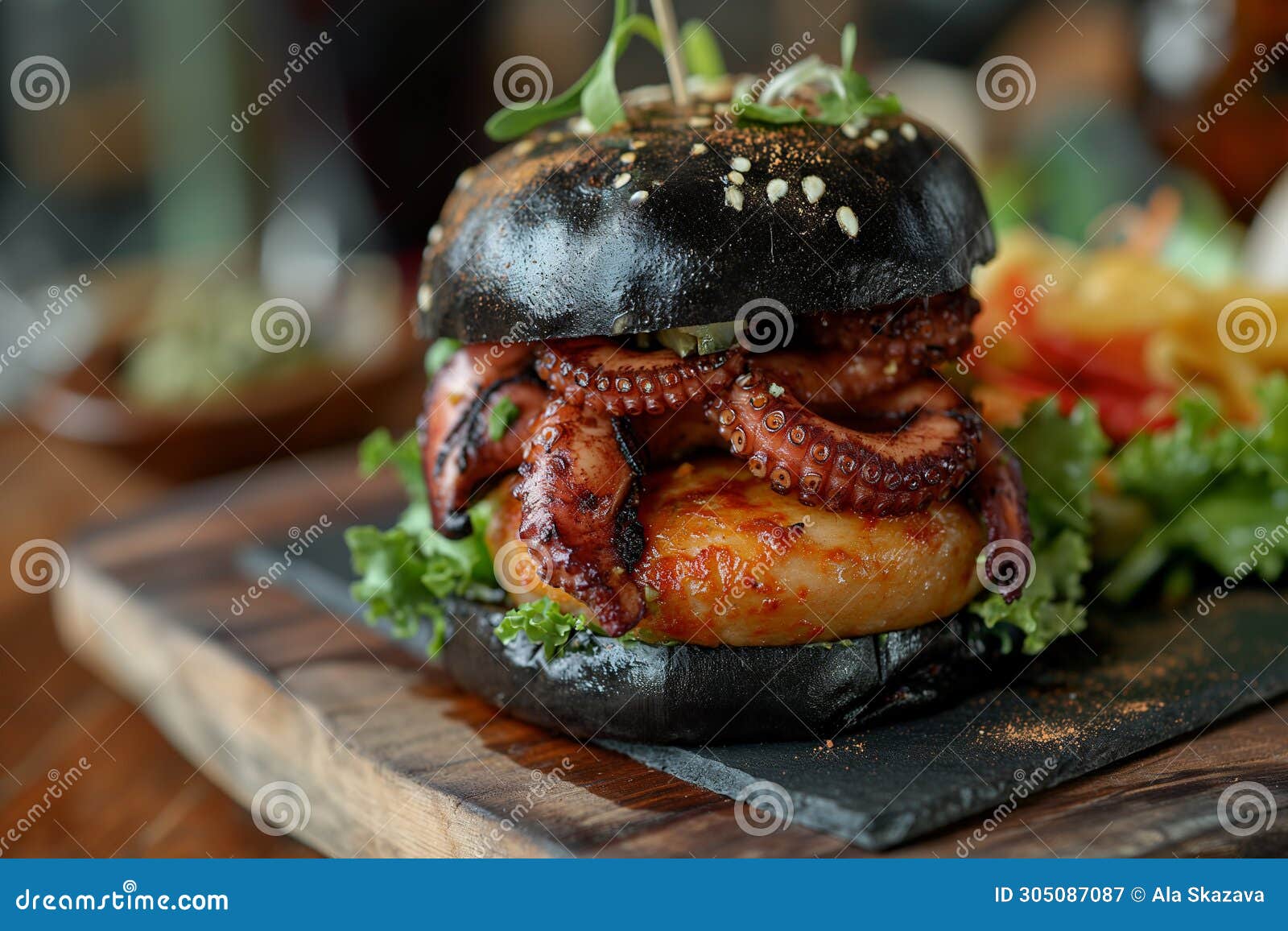 Black Burger with Fried Octopus and Vegetables Stock Illustration