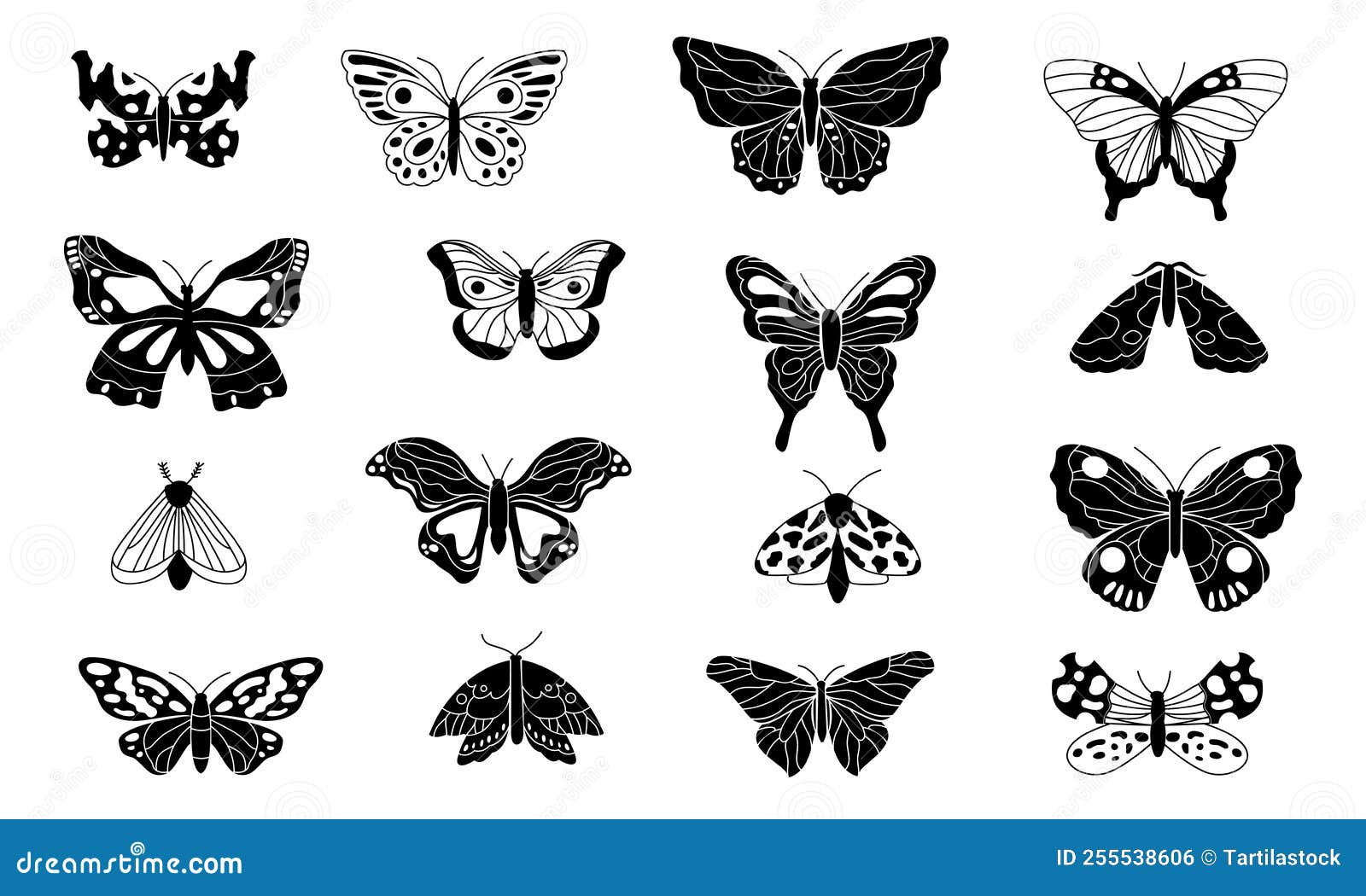 Black Butterflies. Decorative Butterfly Silhouettes, Winged Insect Sketch Elements for Tattoo Design, Vintage Scrapbook Stock Vector - Illustration of animal, outline: 255538606