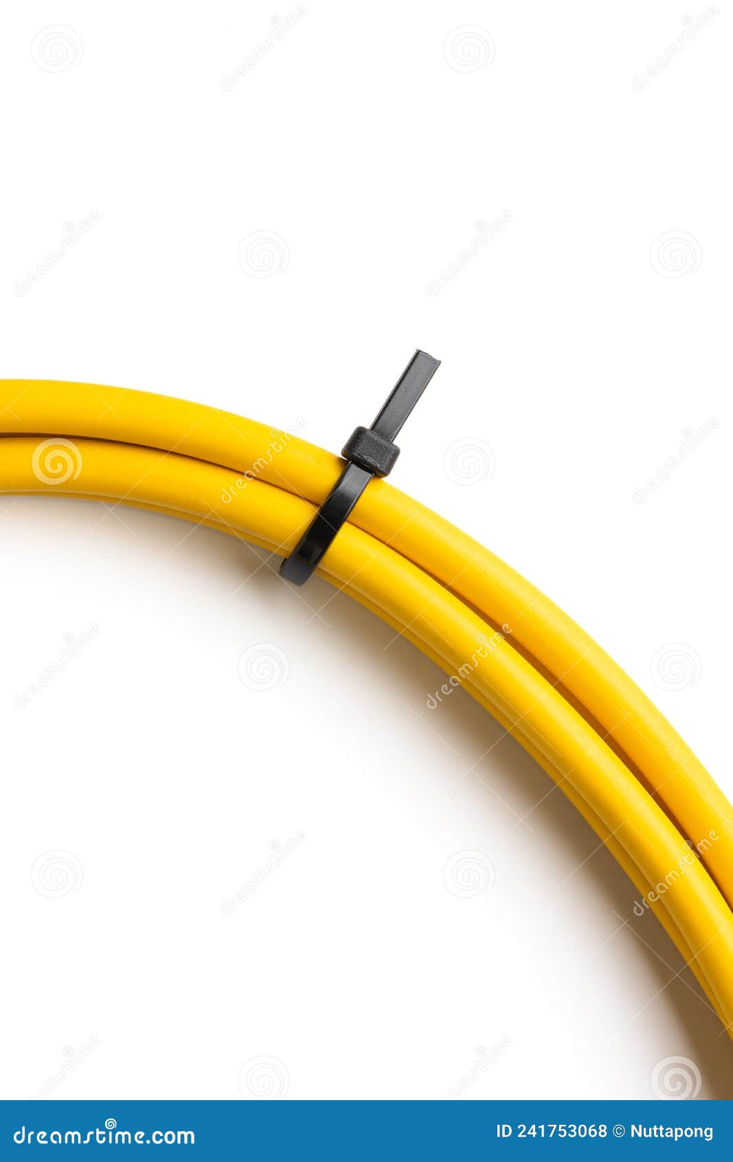 Black Cable Ties on Yellow Cable on White Background. Object Picture