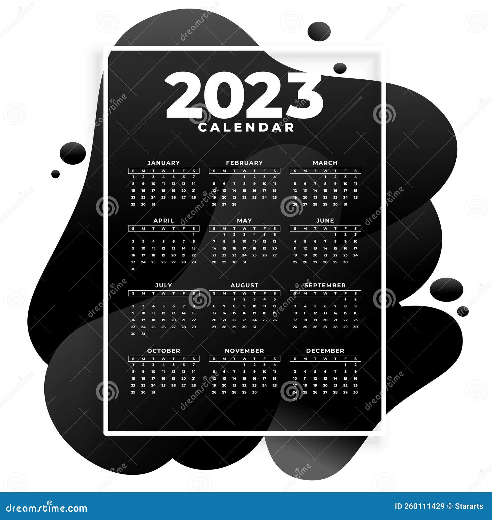 2023 Black Calendar in Fluid Style Template Vector Design Stock Vector