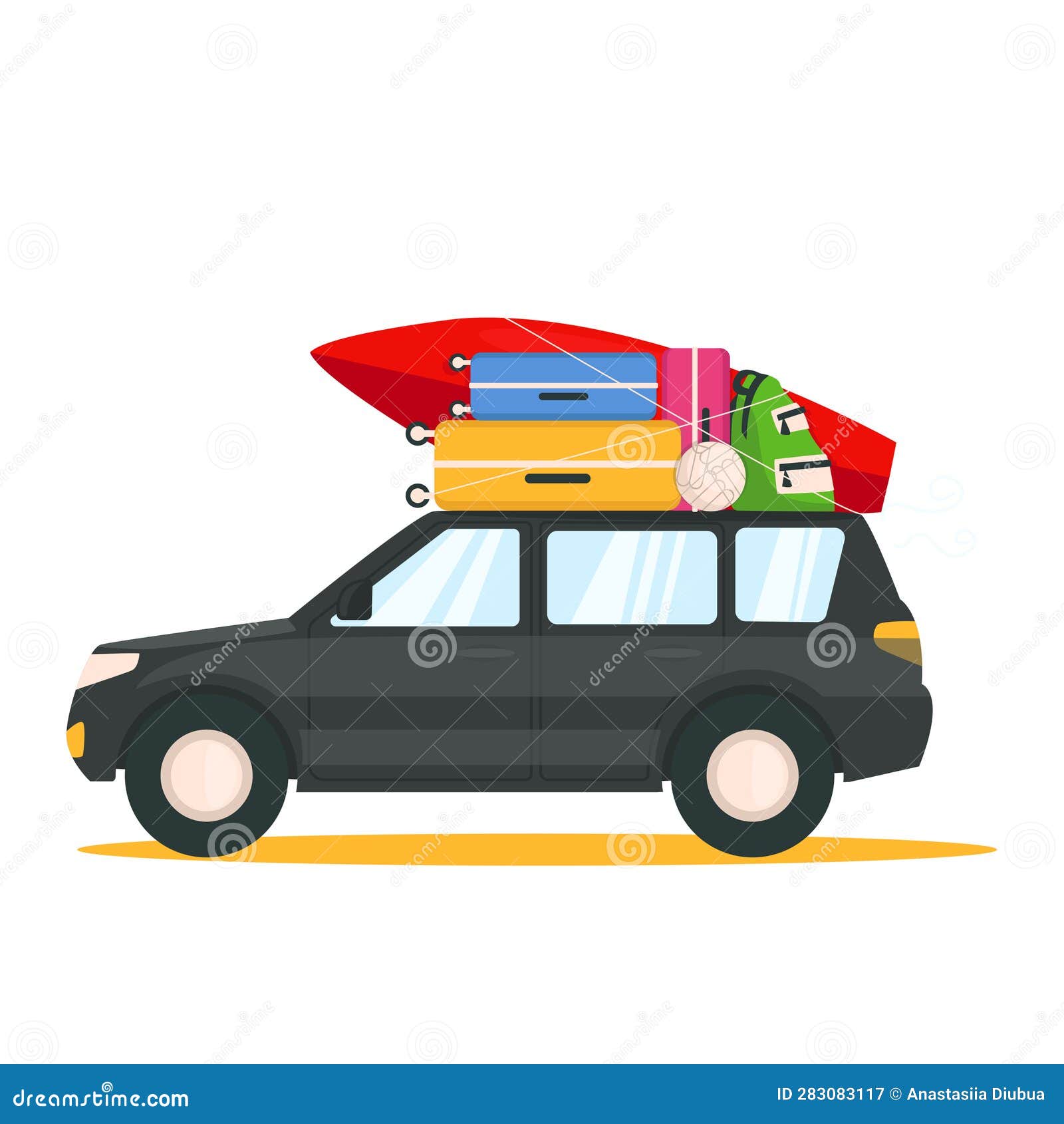 Black Car with Things Goes on Vacation. Suitcases, a Surfboard, a
