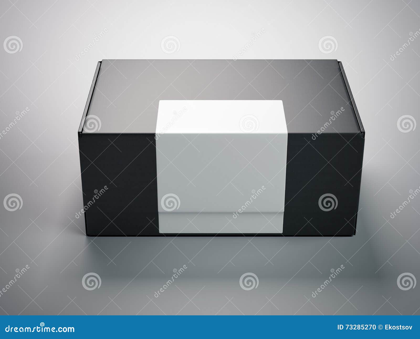 Black Cardboard Package with White Sticker. 3d Rendering Stock