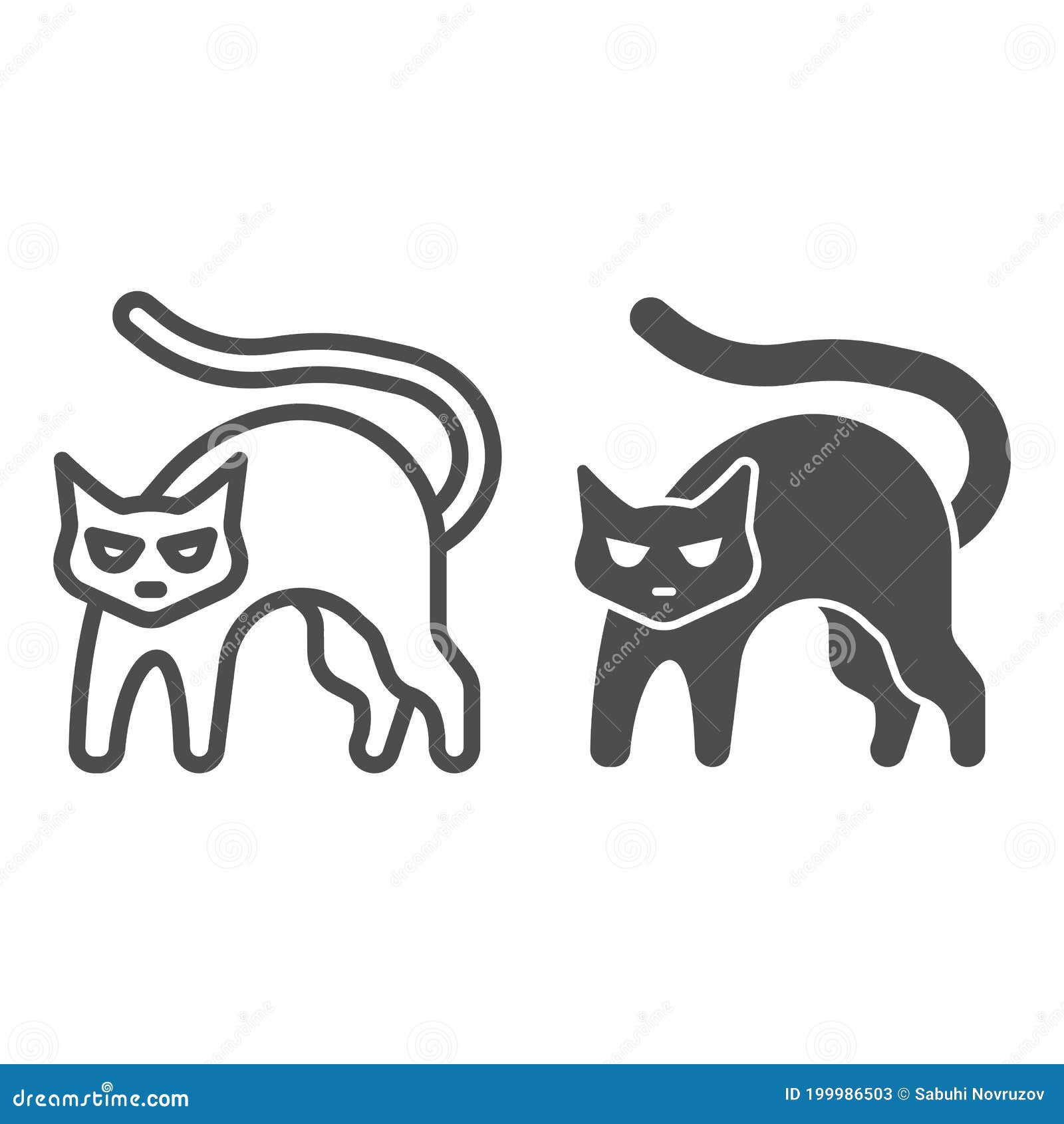 Angry black cat line and solid icon, halloween concept, hissing