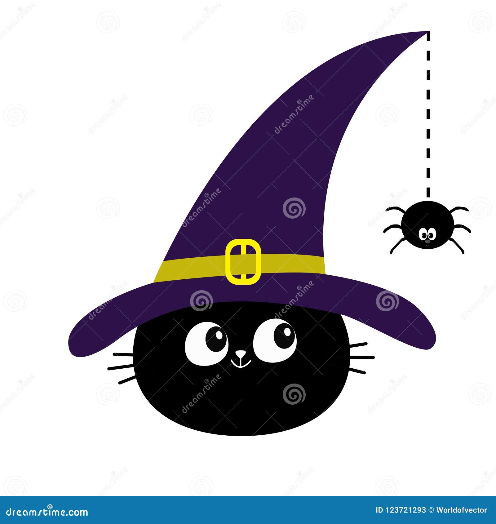 black cat head face silhouette looking to hanging on dash line web spider insect. witch hat. happy halloween. cute cartoon charact