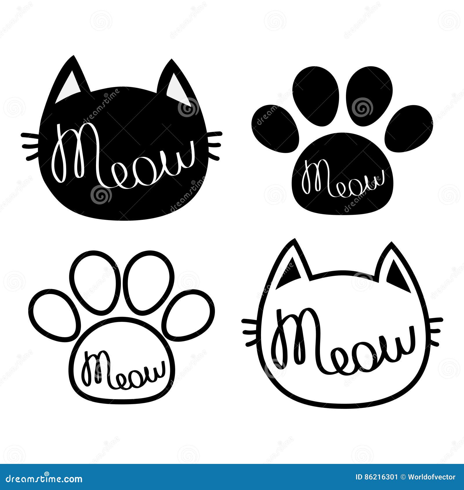 Black Cat Head. Meow Lettering Contour Text. Paw Print. Cute Cartoon  Character Silhouette Icon Set. Kawaii Animal Stock Vector - Illustration of  lettering, child: 86216301