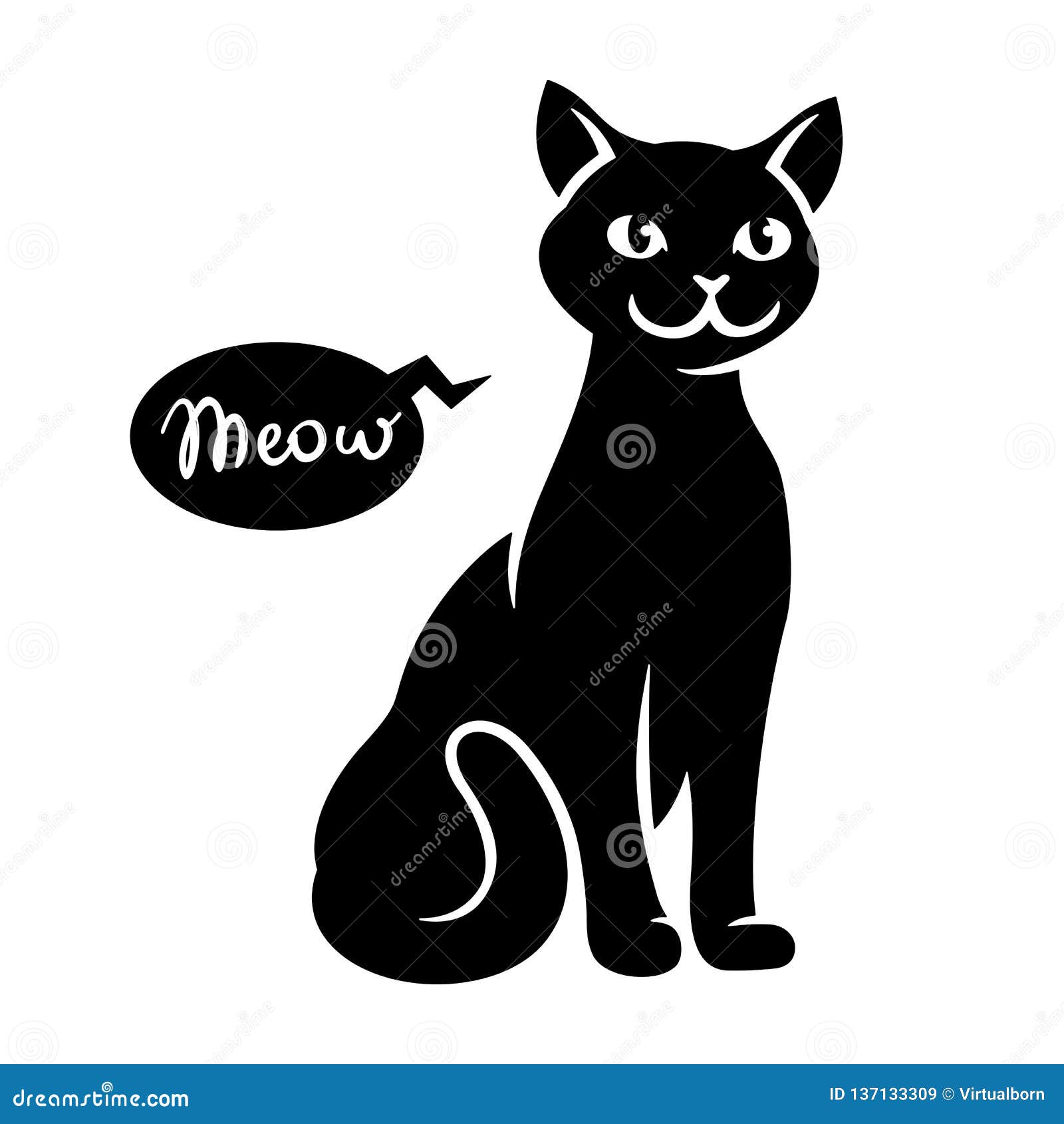 Black Cat Meow Lettering Isolated on White Vector Illustration Stock