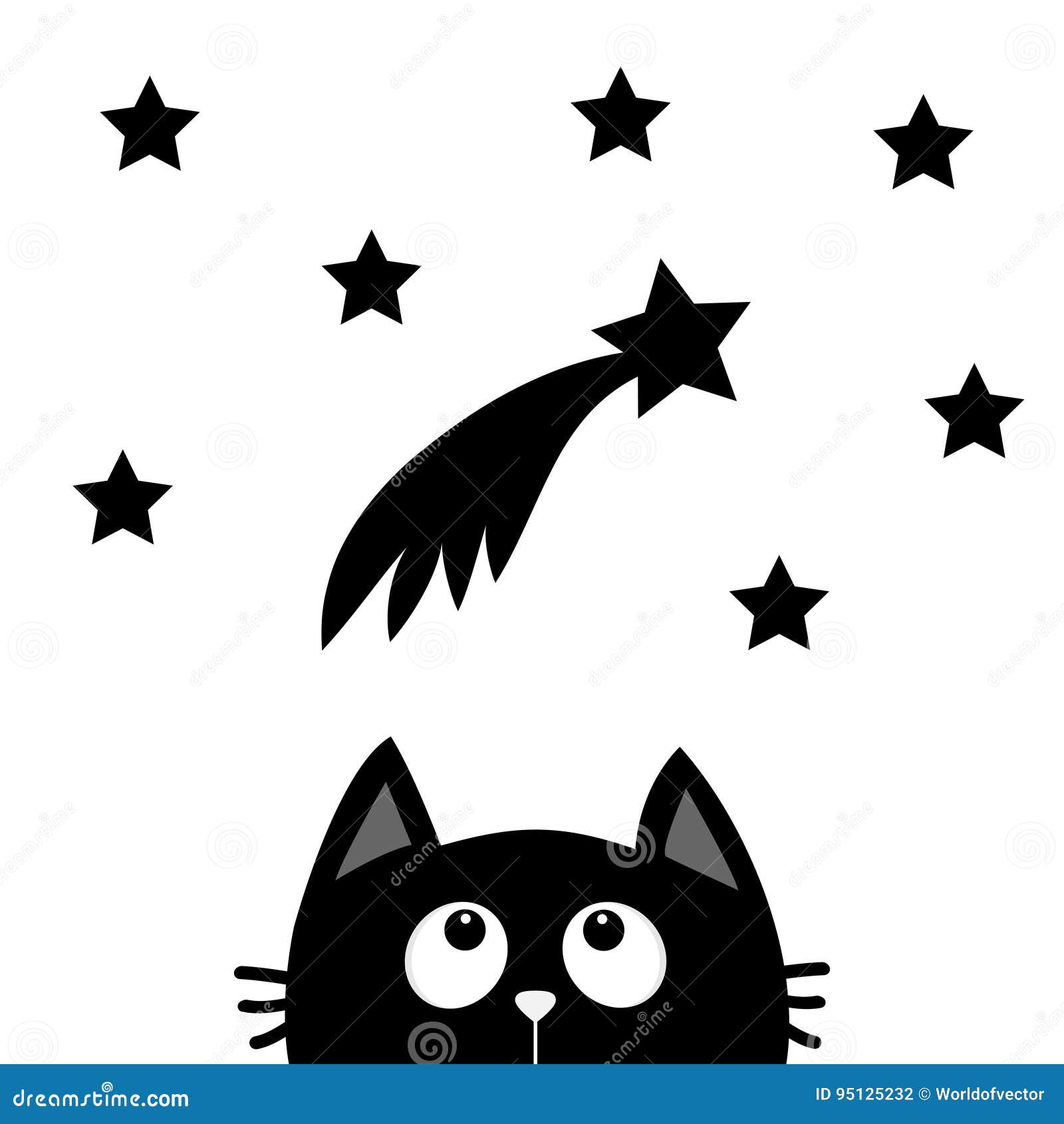 Black Cat Looking Up To Comet with Stars. Cute Cartoon Character ...