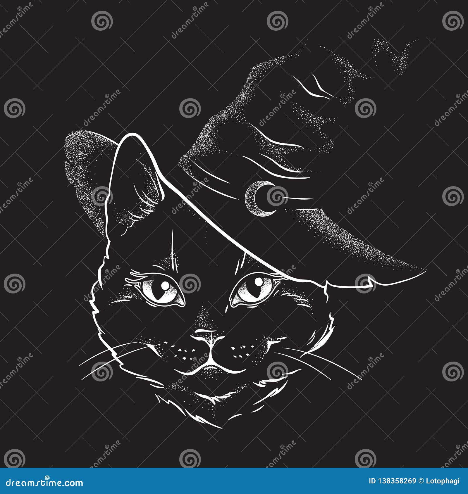 black cat with pointy witch hat line art and dot work. wiccan familiar spirit, halloween or pagan witchcraft theme tapestry print