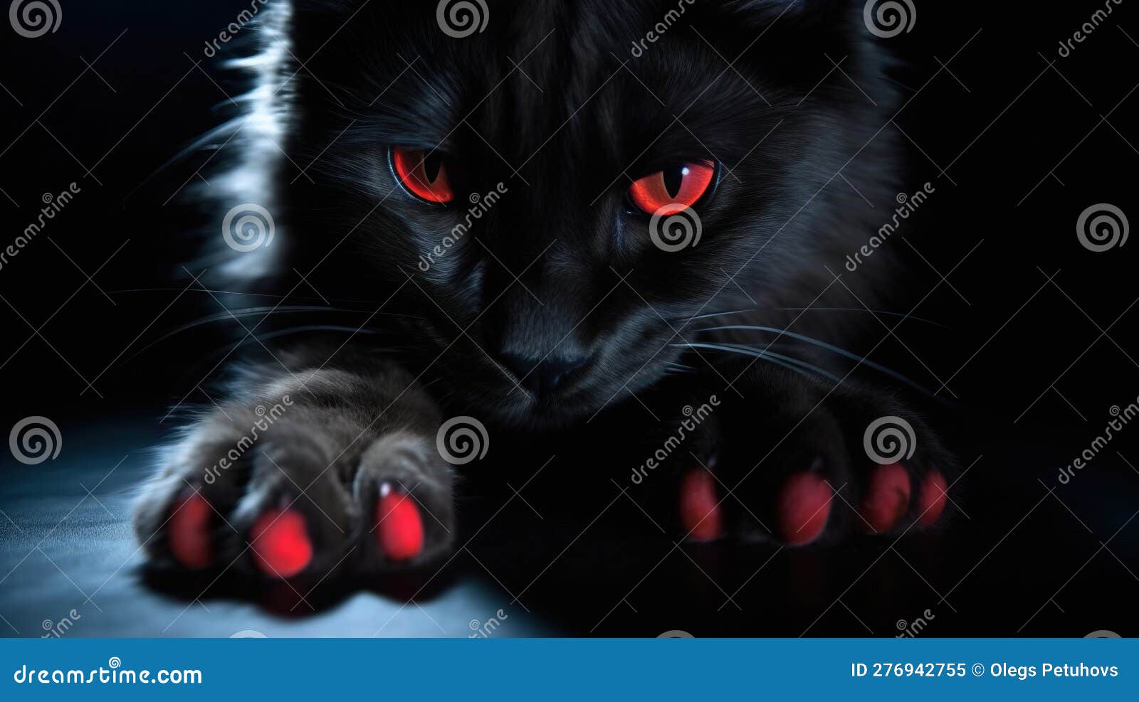 A Black Cat with Red Eyes and Claws on a Table Stock Illustration