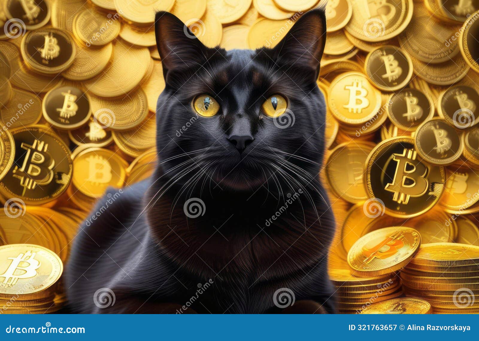 A Black Cat Sits and Laying among Some Gold Cryptocoins Bitcoins. the Cat  is Mining Bitcoins Stock Image - Image of micro, logo: 321763657