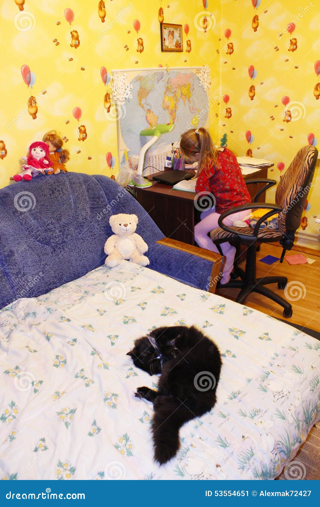 Black Cat Sleeping on the Bed in Children S Room Stock Image Image of