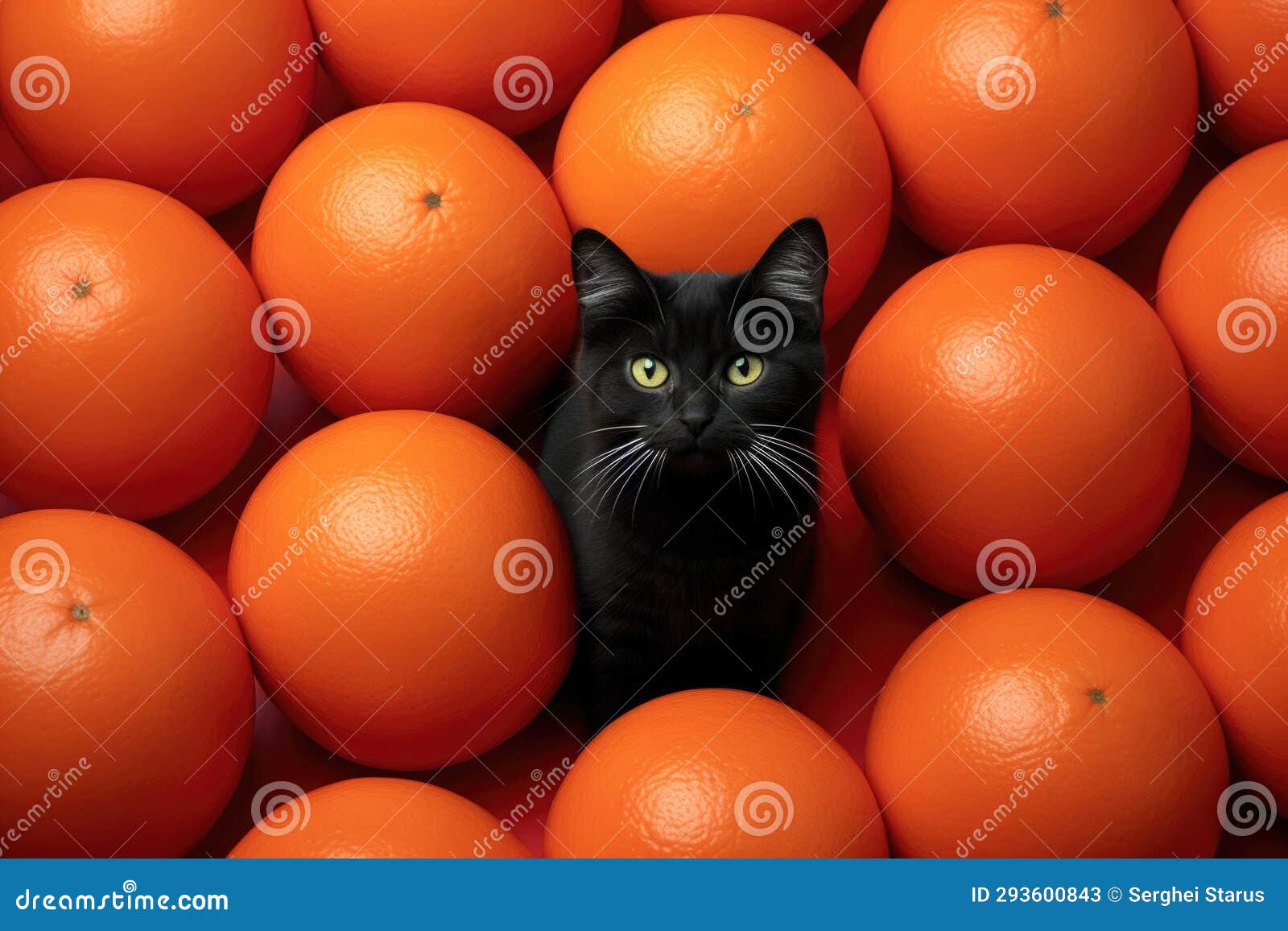 A Black Cat is Surrounded by Oranges, AI Stock Illustration