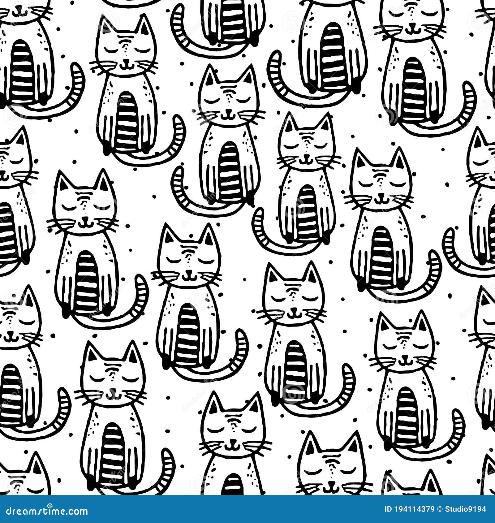 Black Cats on White Background Seamless Vector Pattern. Animal Kids ...