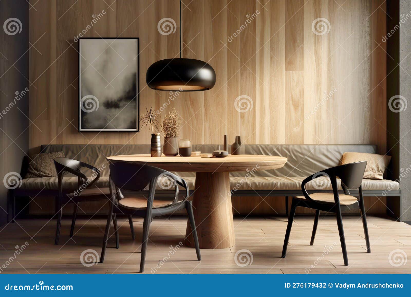 Black Chairs and Leather Sofa at Wooden Dining Table. Interior Design