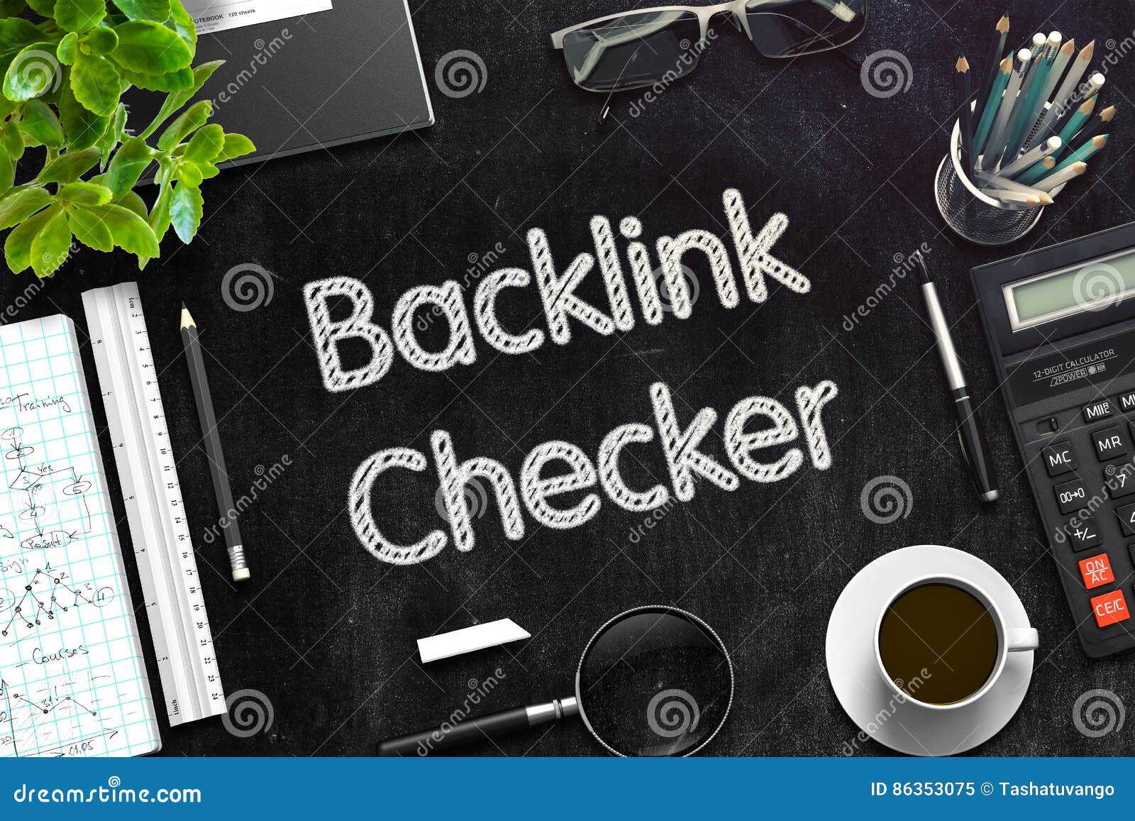 black chalkboard with backlink checker. 3d rendering.