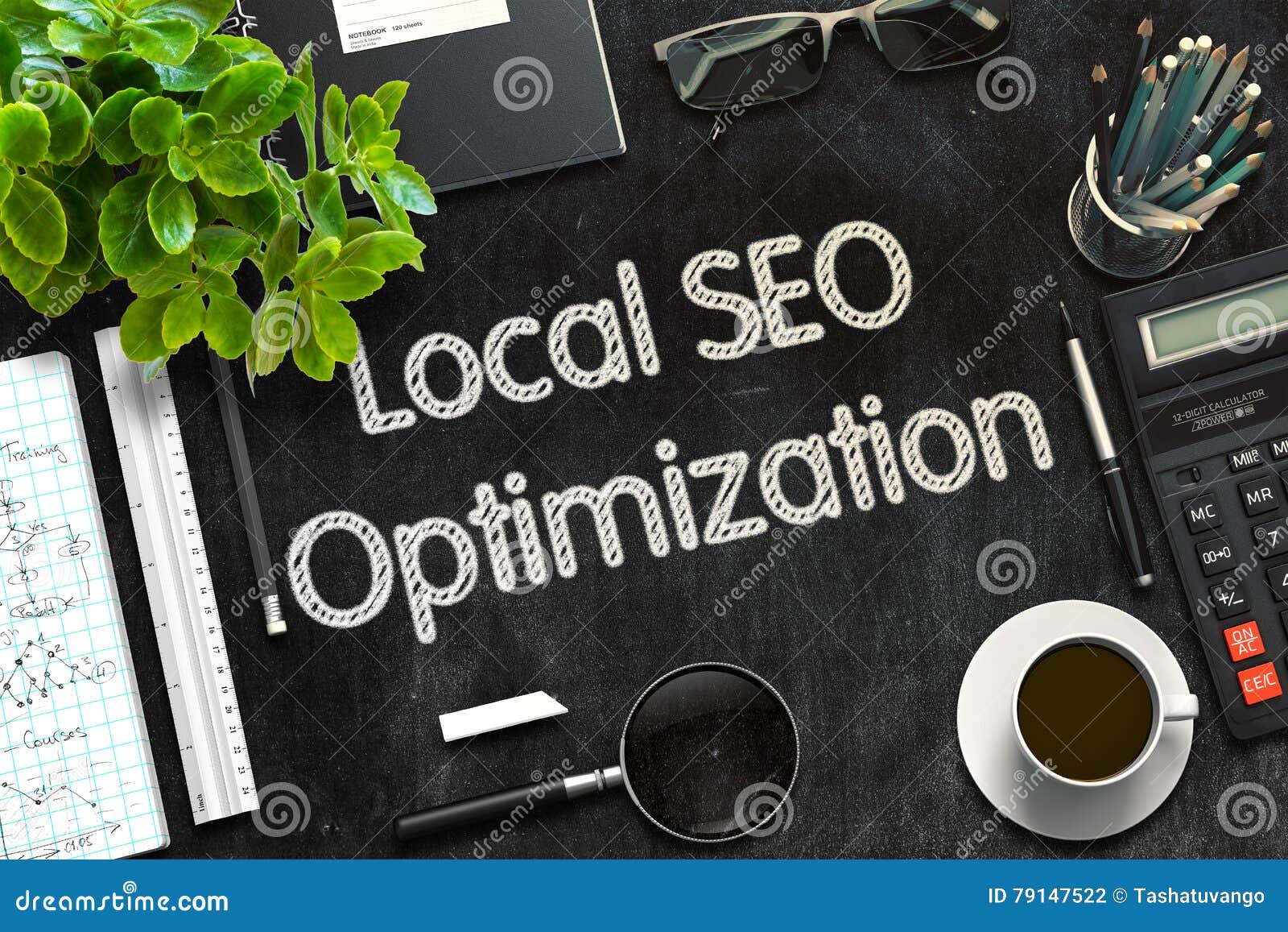 black chalkboard with local seo optimization. 3d rendering.