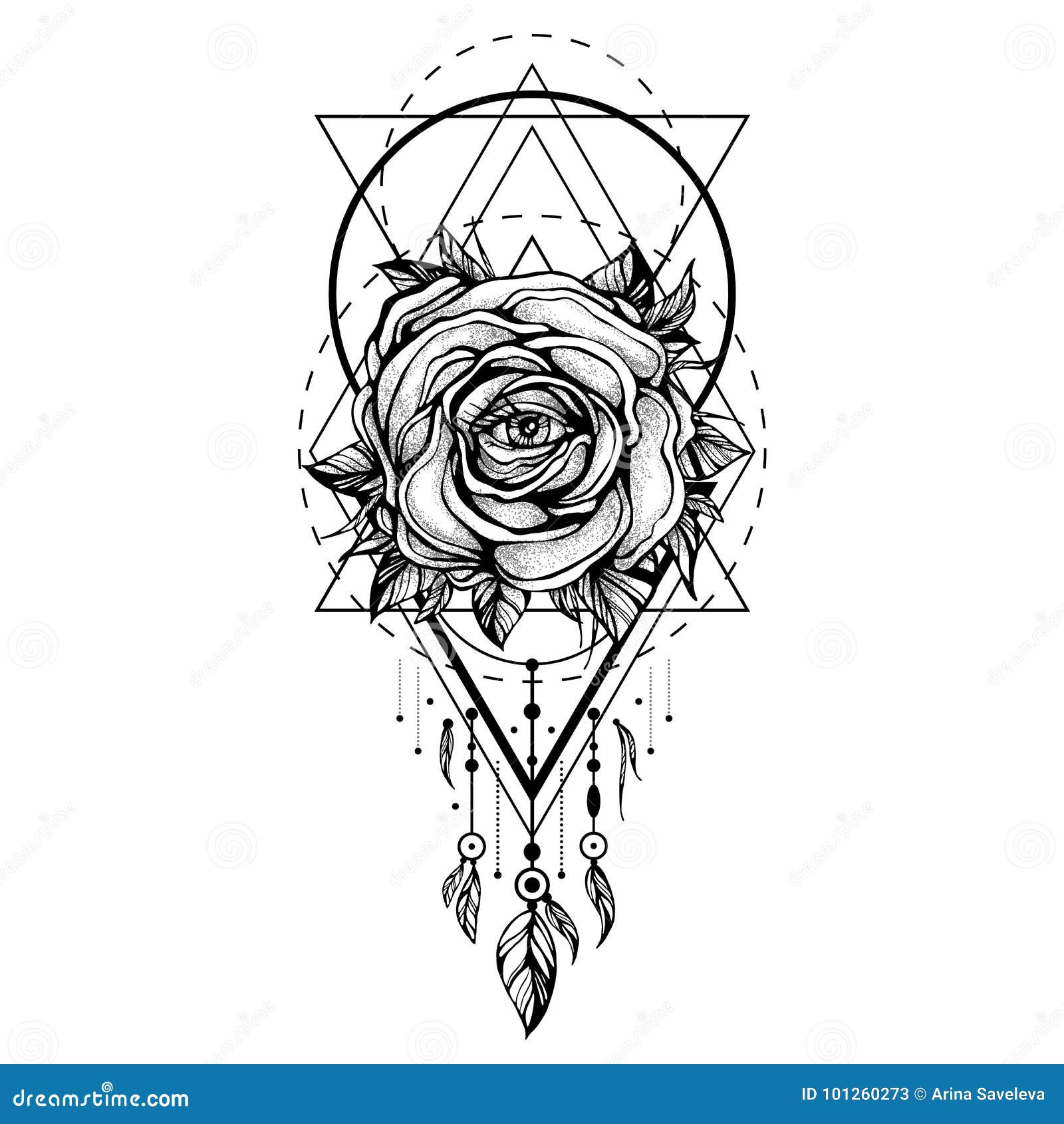 Black Chaplet, Rose Flower with the Eye, Pattern of Geometric Shapes on  White Background. Tattoo Design, Mystic Symbol Stock Vector - Illustration  of fashion, blossom: 101260273