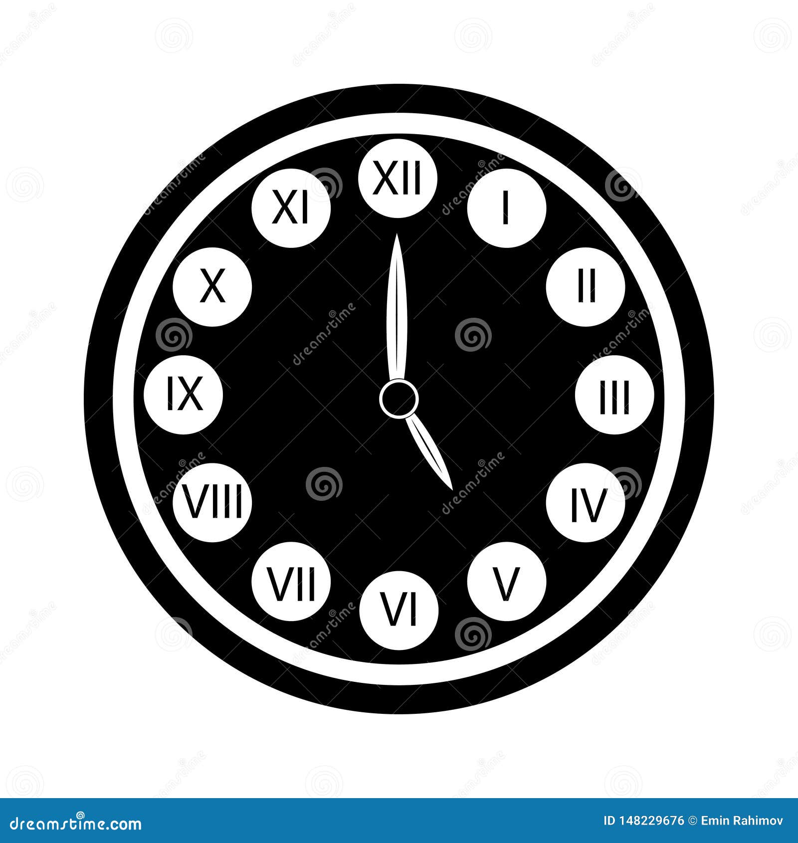 Black Clock with Roman Numerals Icon Isolated. Five O`clock Stock