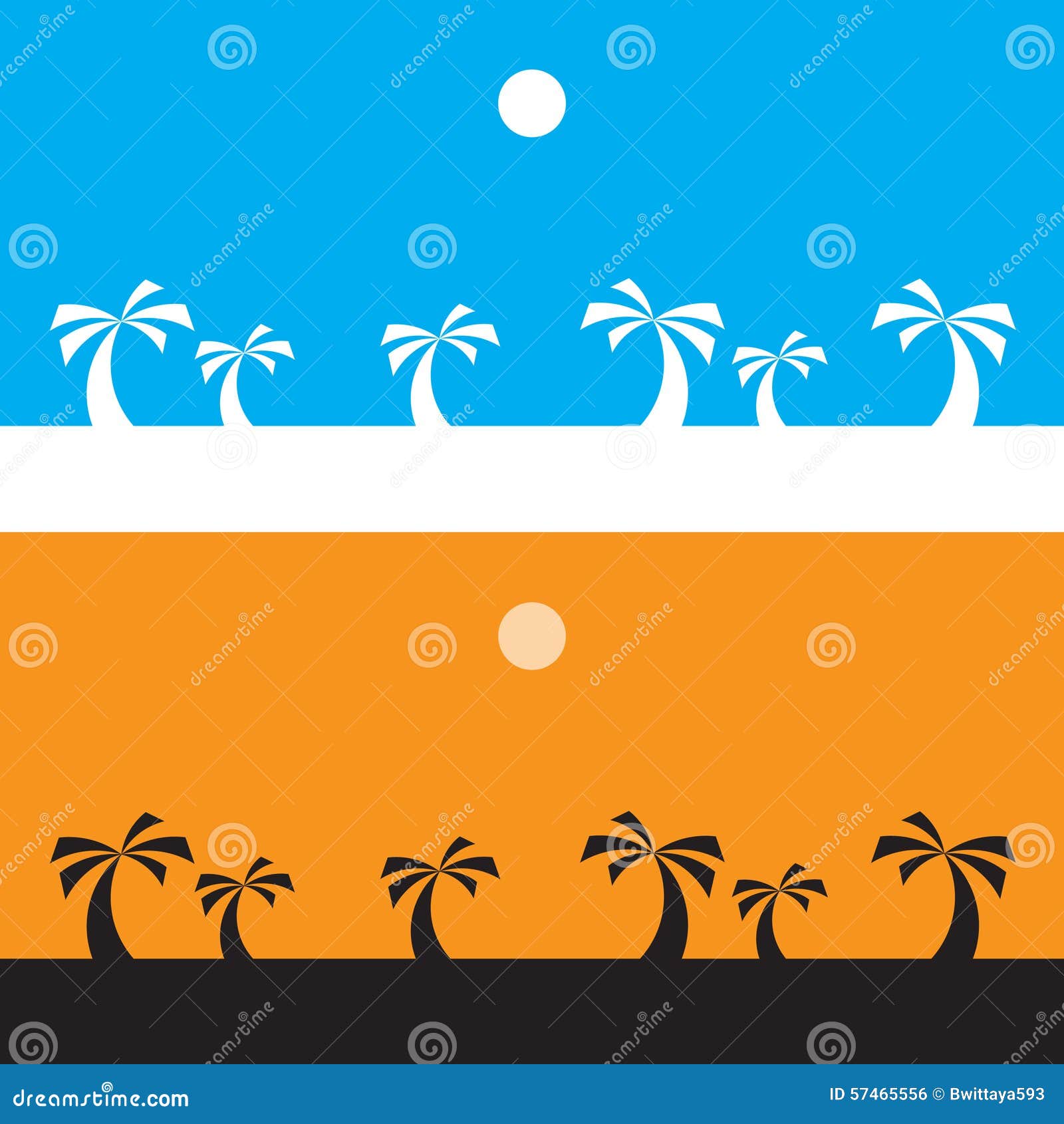 Black Coconut Tree On Orange Background And White Coconut Tree On Blue