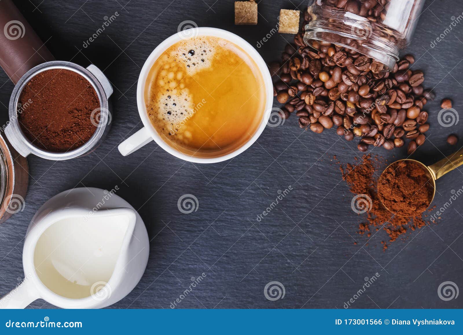 Black Coffee, Filter Holder of Espresso Maker and Scattered Roasted