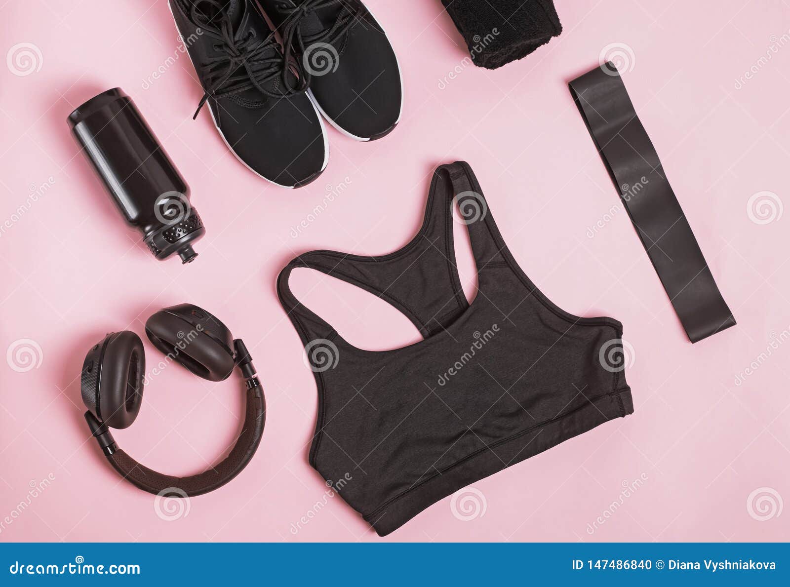 Fitness Sports Equipment And Accessories On Pink Background, Flat