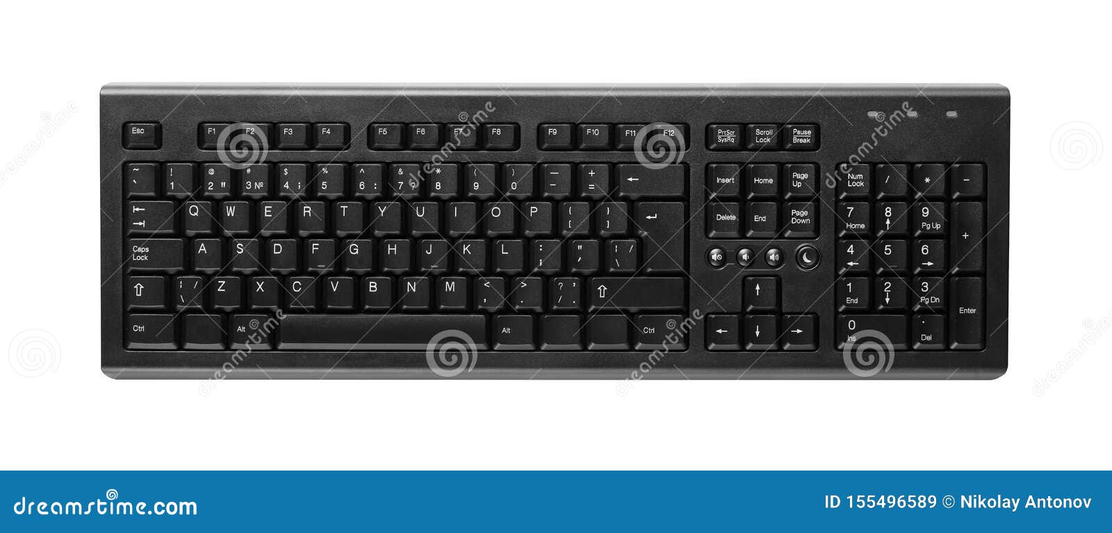 Black Computer Keyboard Isolated on a White Background. Top View Stock