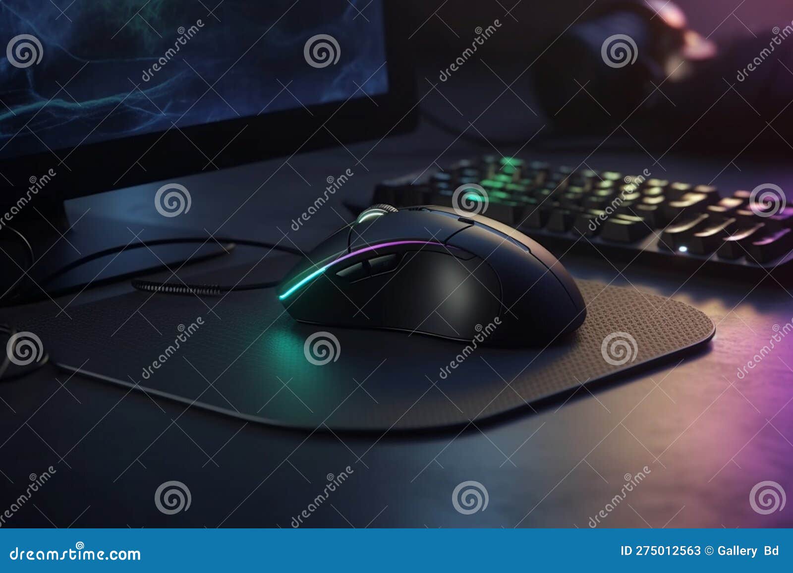 a black computer mouse on a black mouse pad on dark background