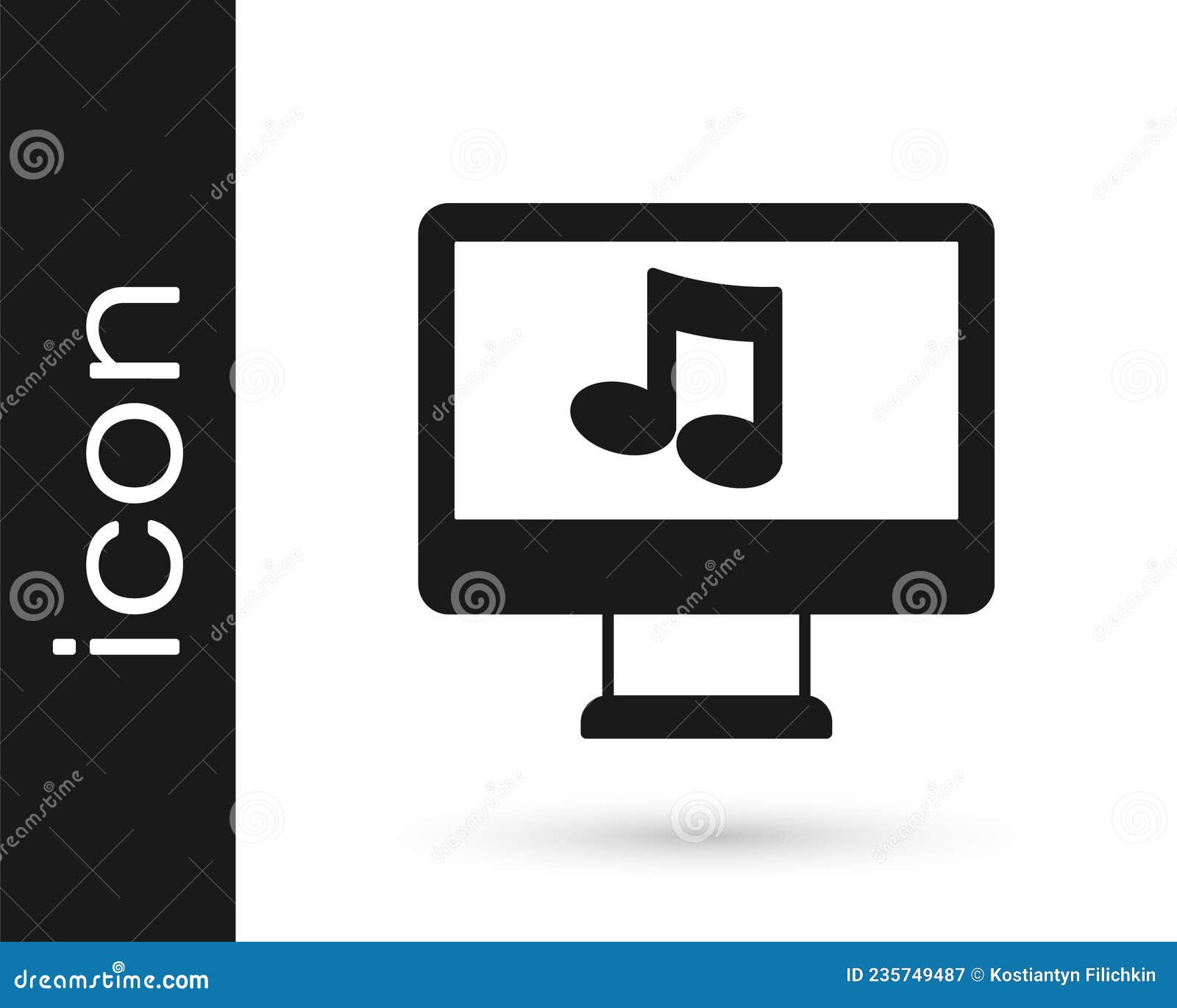 Black Computer with Music Note Symbol on Screen Icon Isolated on White