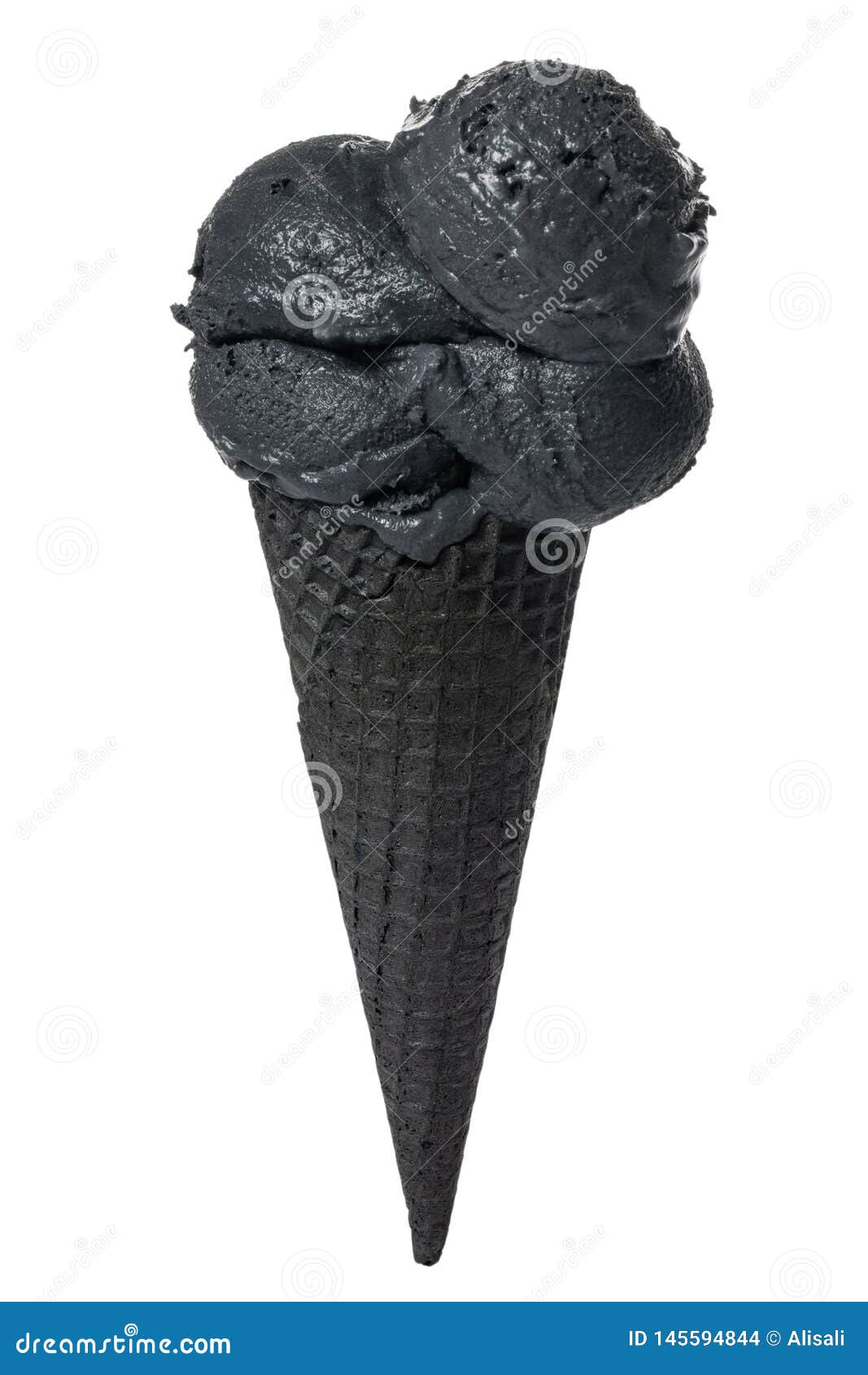 Black Cone, Wafer Cup with Scoops of Black Ice Cream is Isolated on