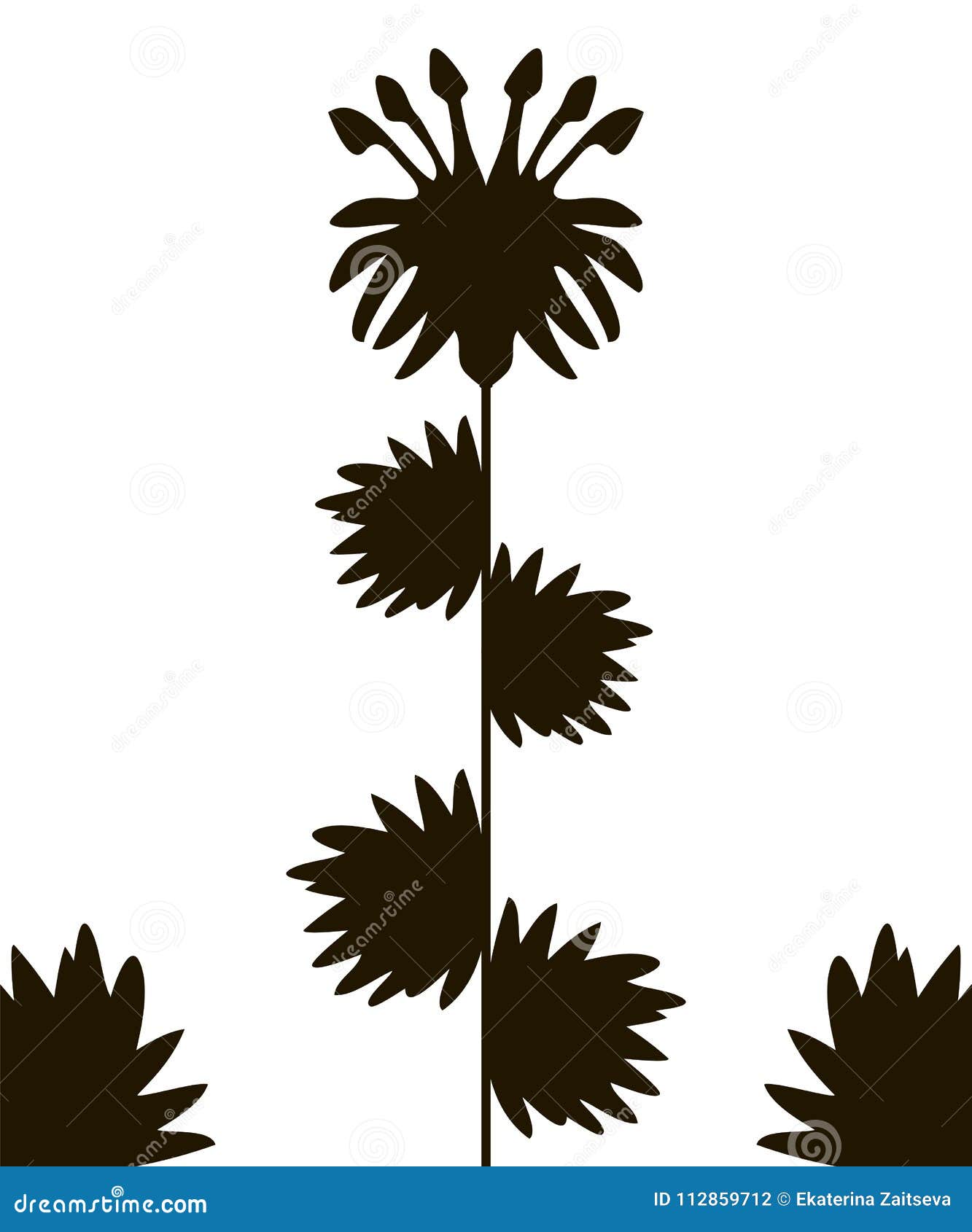 Black Contour Flower with Stamens and Leaves Stalk Isolated on White ...