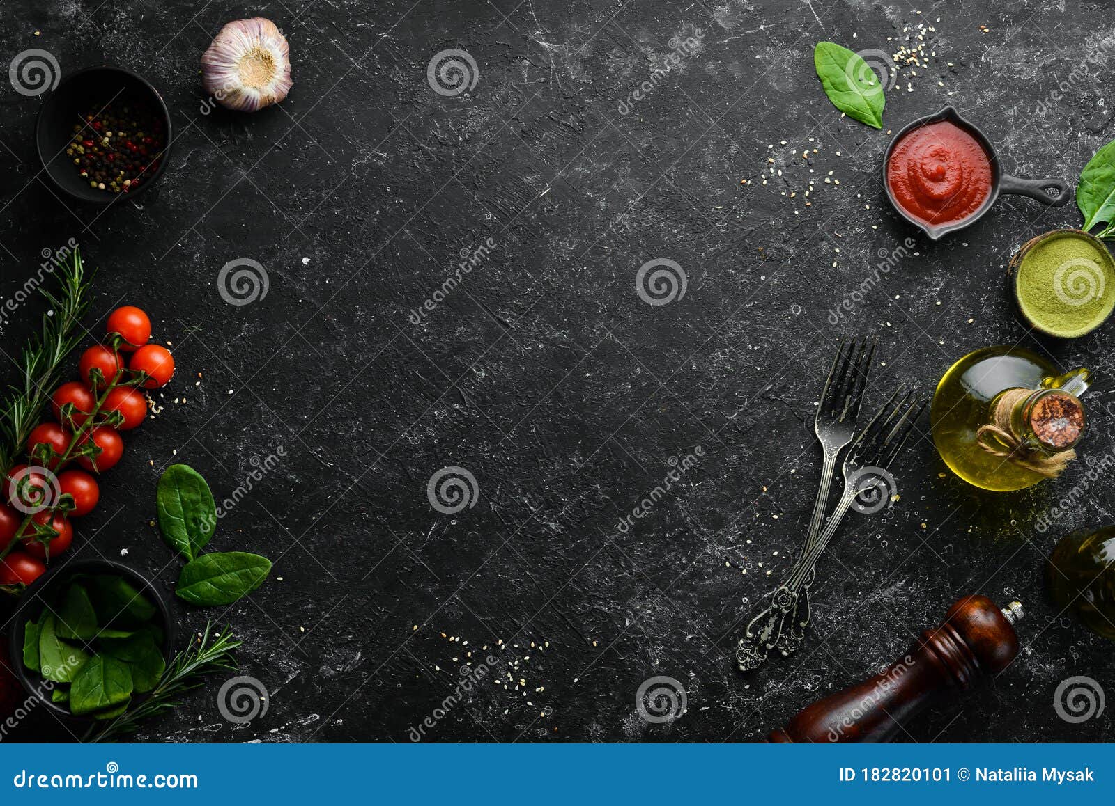 Black Cooking Background. Vegetables and Spices on the Table. Top View ...