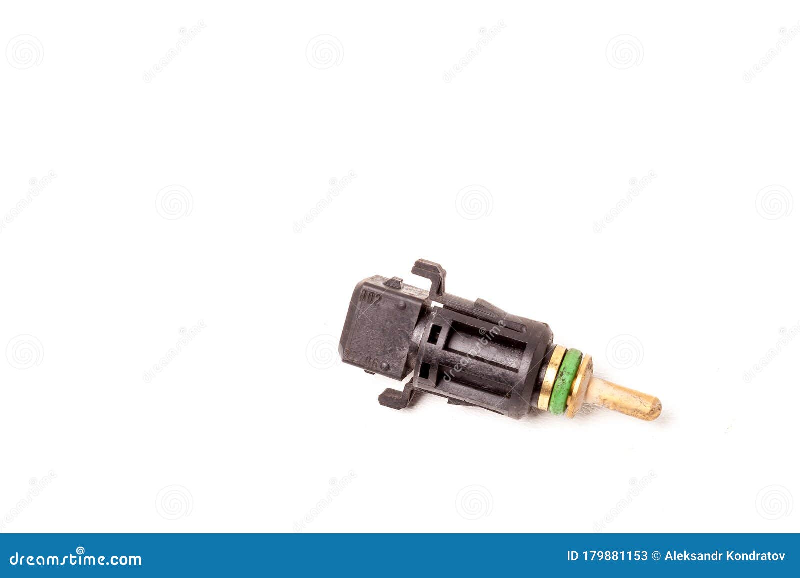 black coolant temperature sensor on a white background with yellow metal s. the engine control unit corrective composition