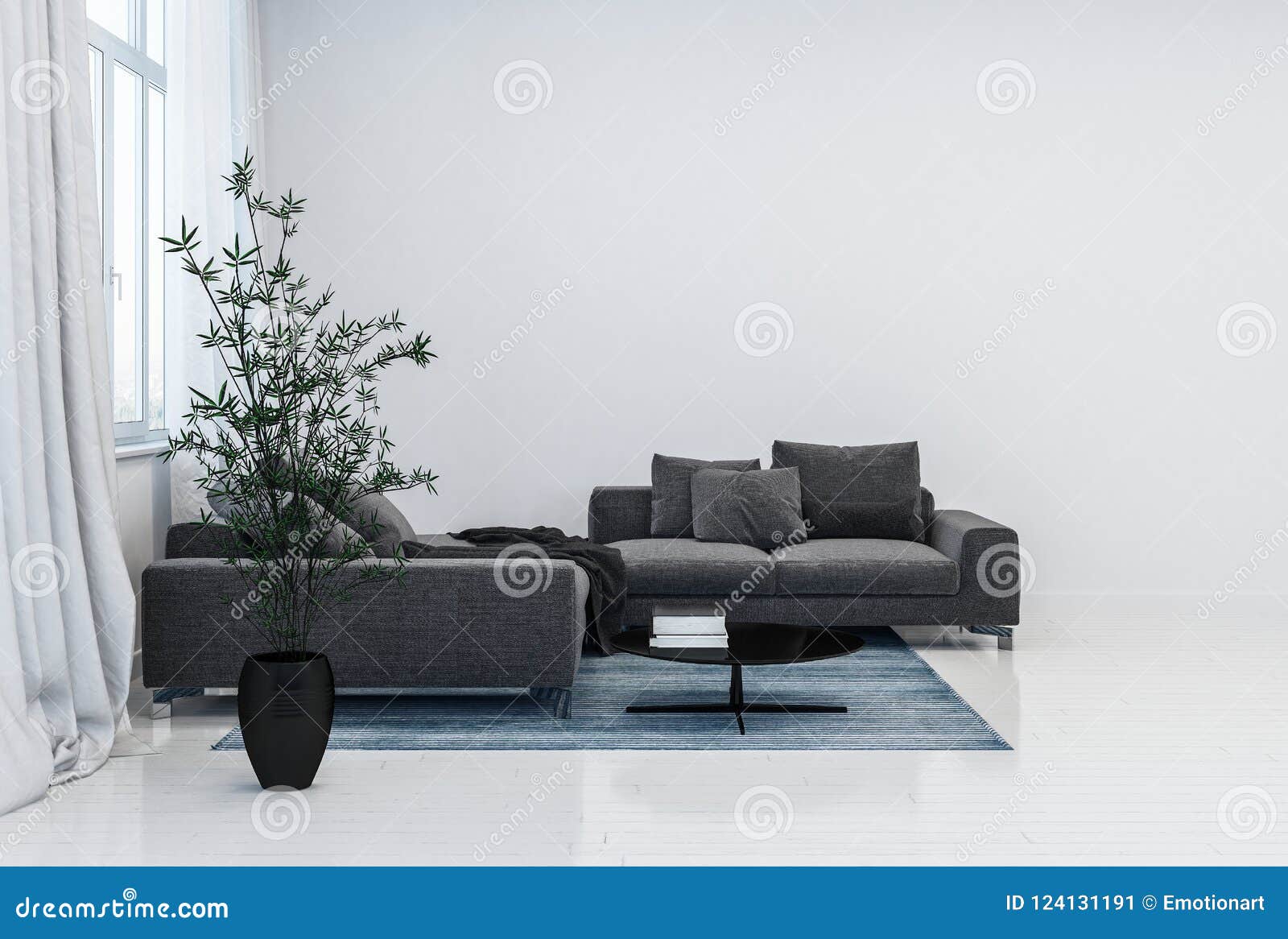 Black Couch And Plant Pot In Glossy White Room Stock