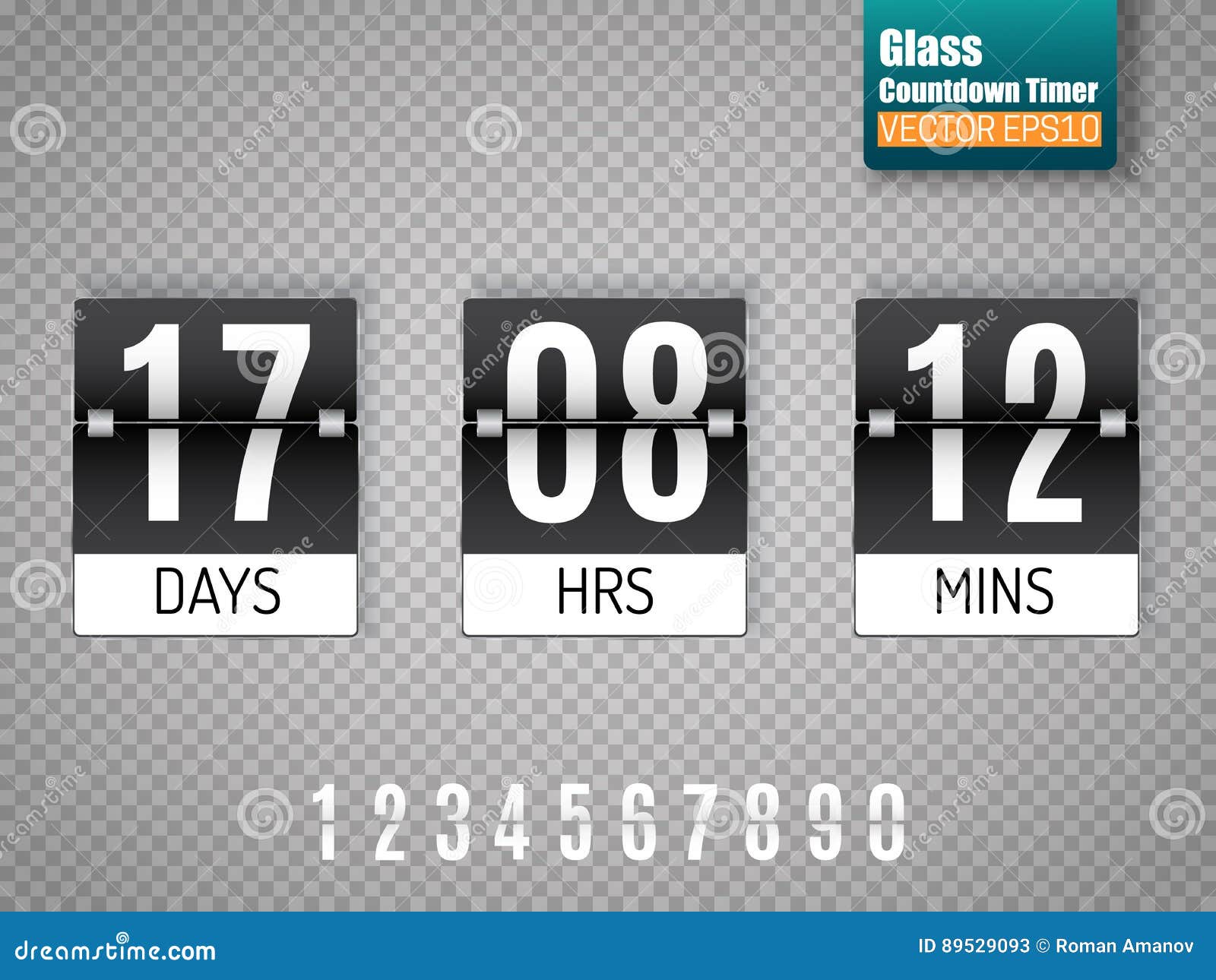 Black Countdown Timer with White Numbers Isolated on Transparent