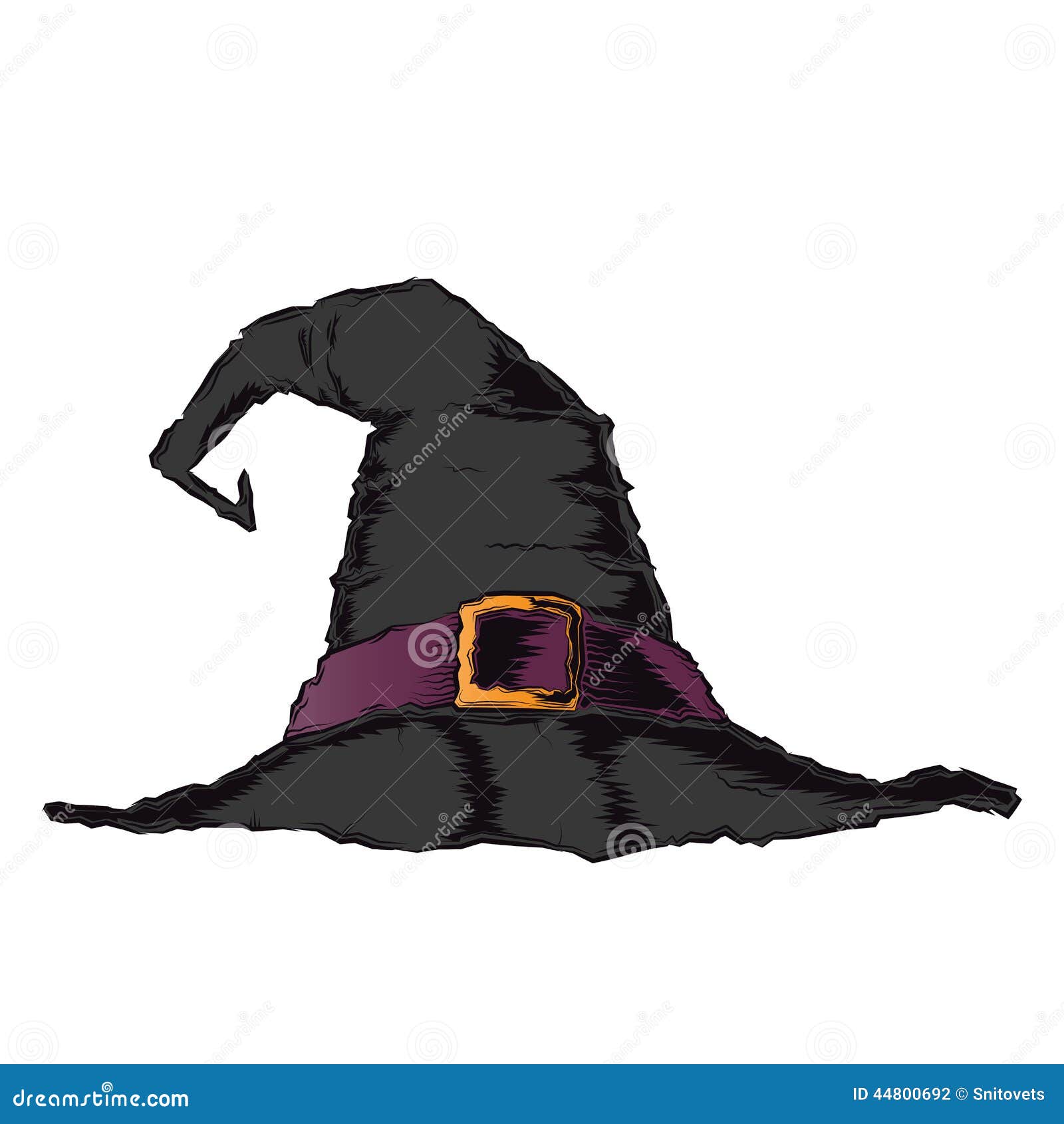 black creepy witch hat with violet belt  on a white background. color line art. halloween retro .