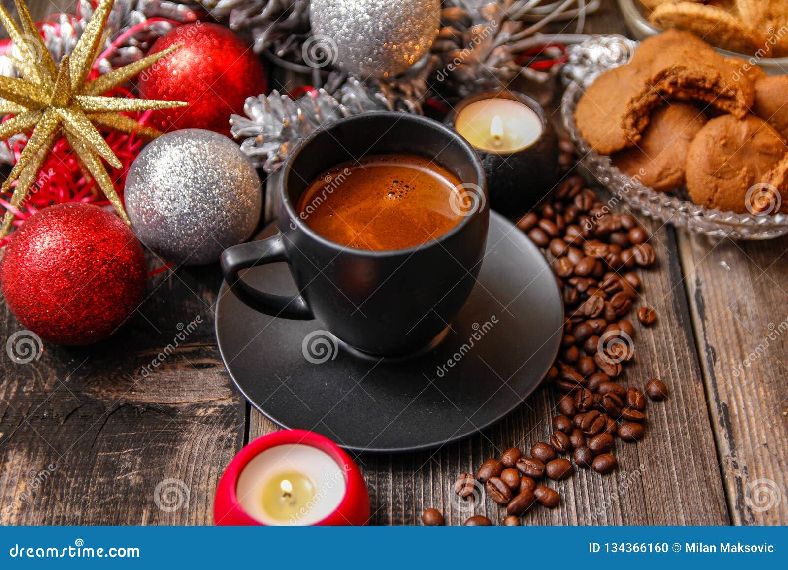 Black Cup of Coffee, Cookies Filled with Chocolate, Christmas Balls ...