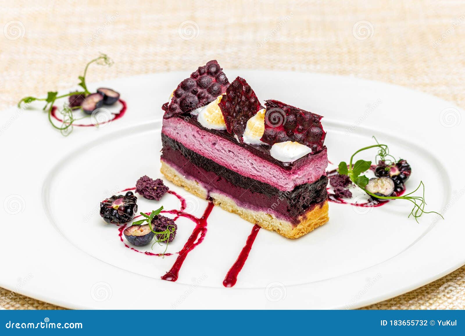 black currant cake meringue sauce white plate 183655732