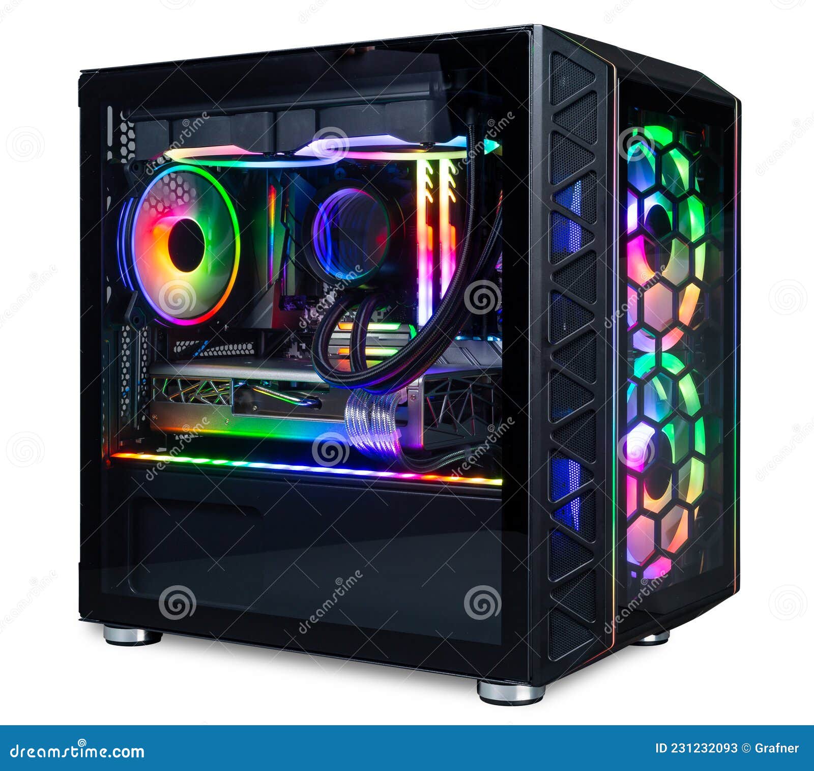 Black Custom Gaming Pc Computer with Glass Windows and Colorful Bright Rgb  Rainbow Led Lighting Isolated White Background Stock Image - Image of  cooler, digital: 231232093