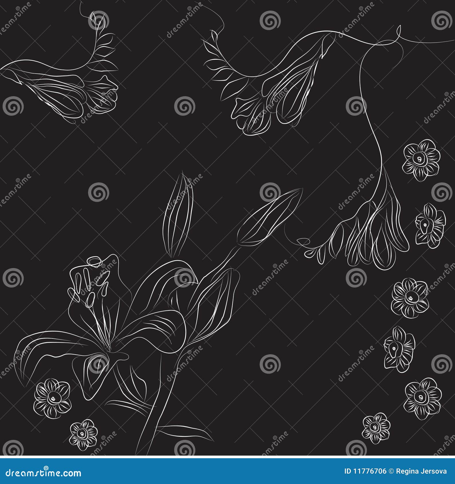 Black Decorative Background with Fresia and Narcis Stock Vector Illustration of style, paper