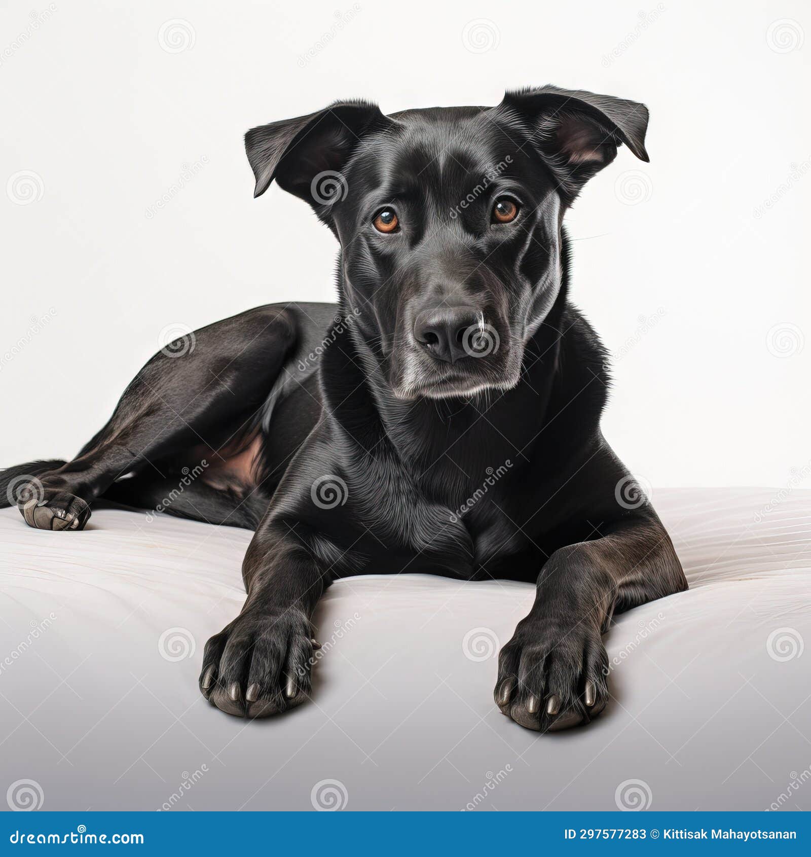 Black Dog on White Background, Lounging in a Mysterious and Captivating